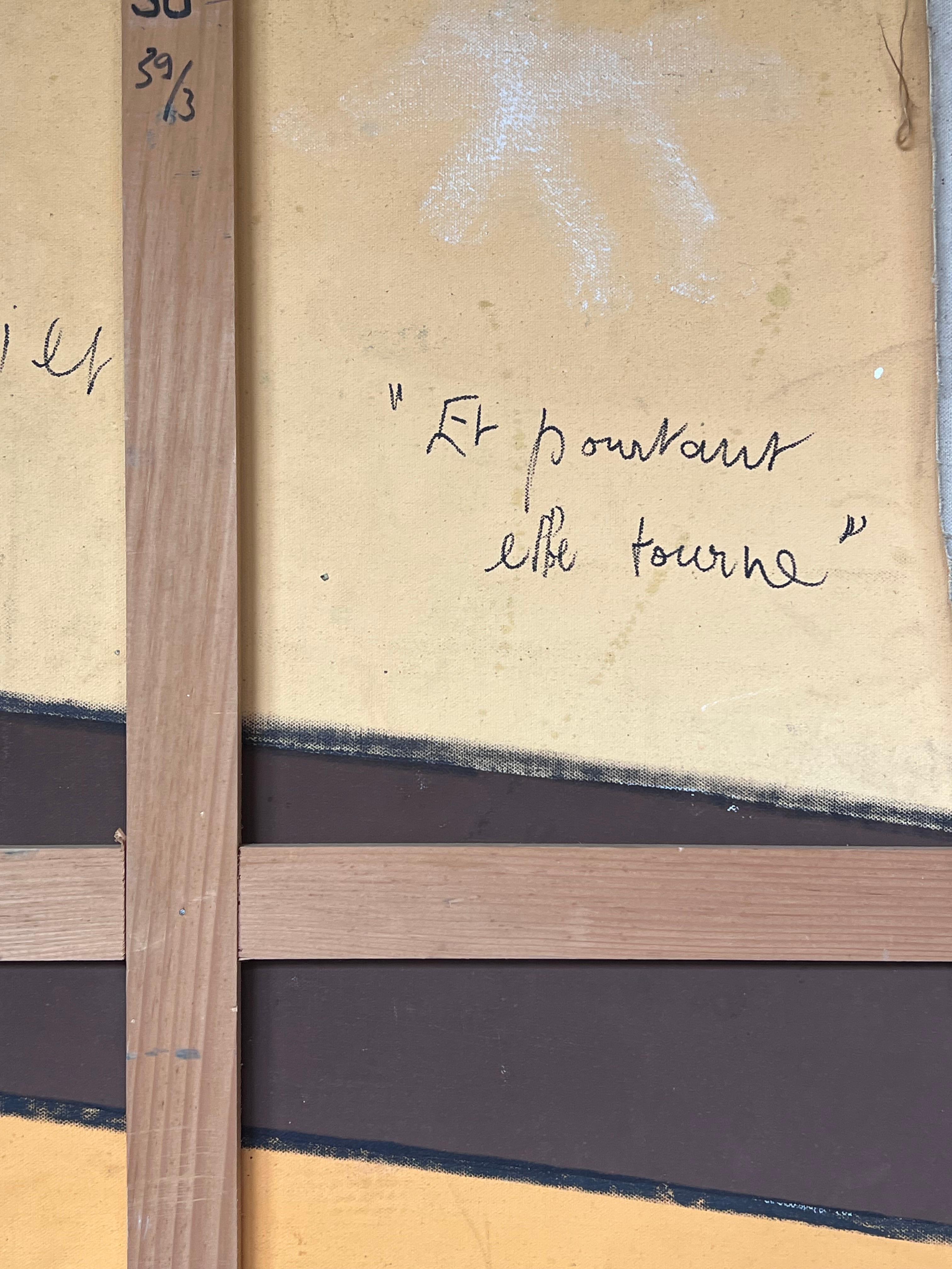 Peinture française abstraite aux lignes et formes diagonales bleu, jaune et orange en vente 7