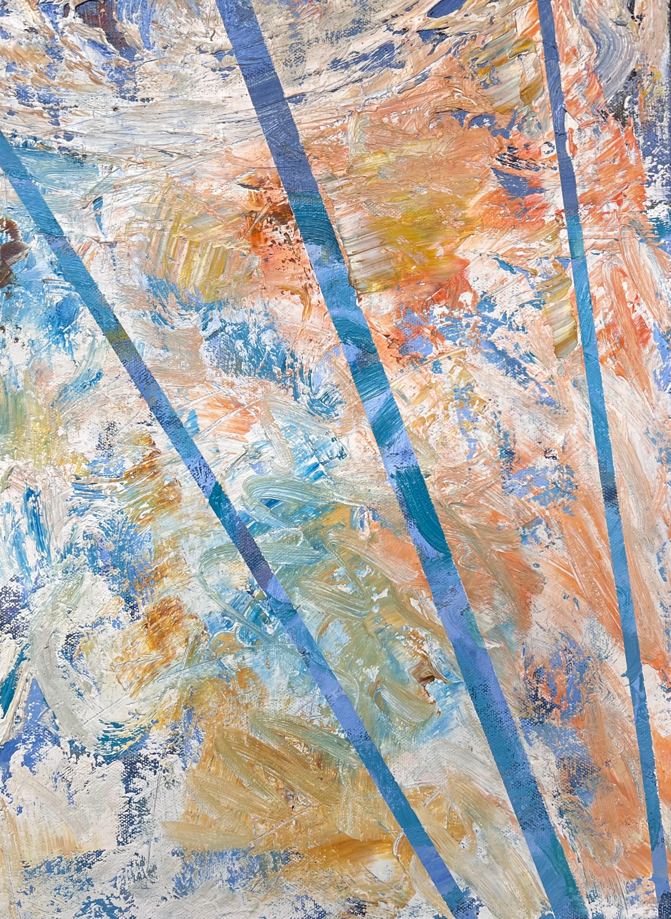 Peinture française abstraite aux lignes et formes diagonales bleu, jaune et orange en vente 8
