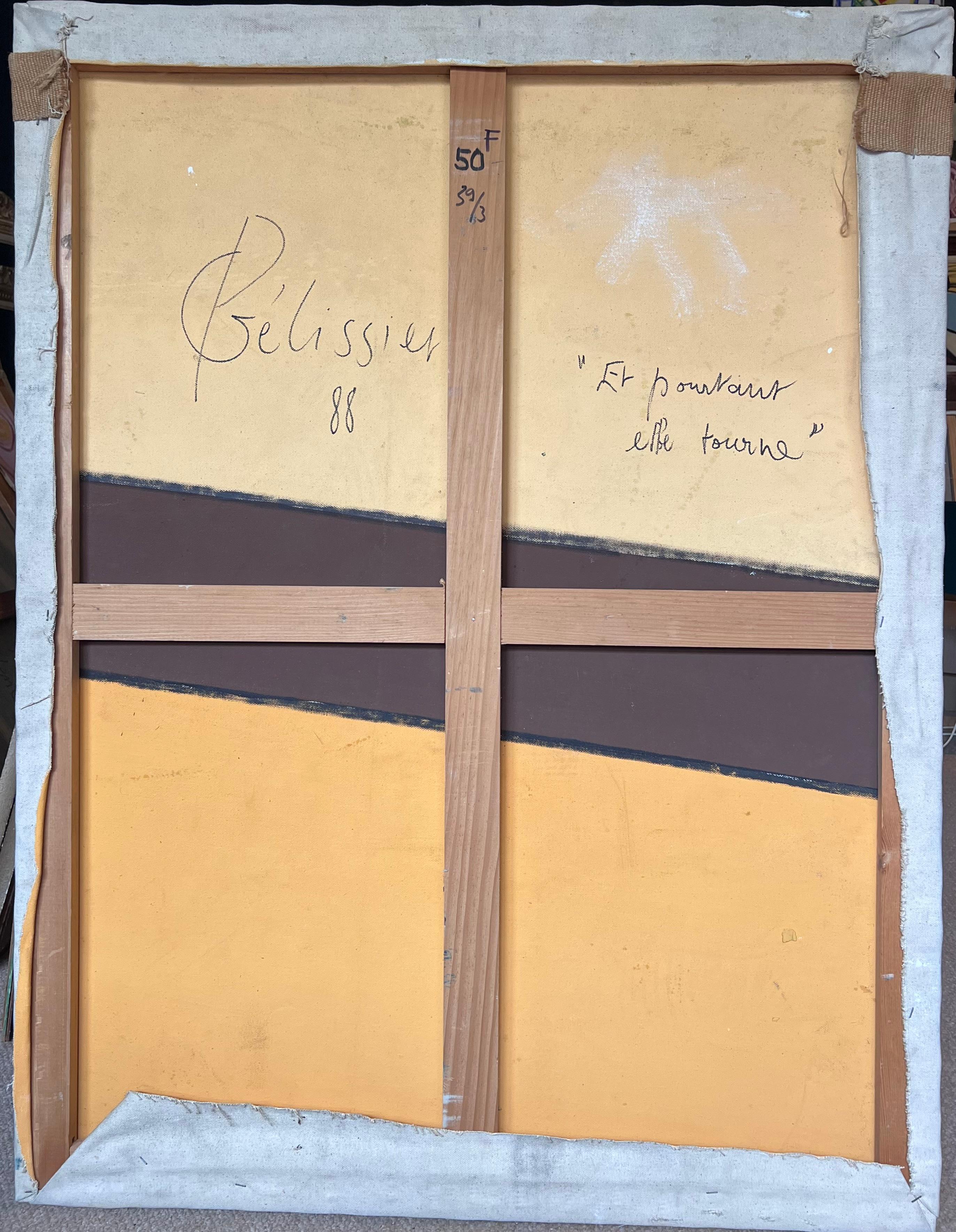 Peinture française abstraite aux lignes et formes diagonales bleu, jaune et orange en vente 9