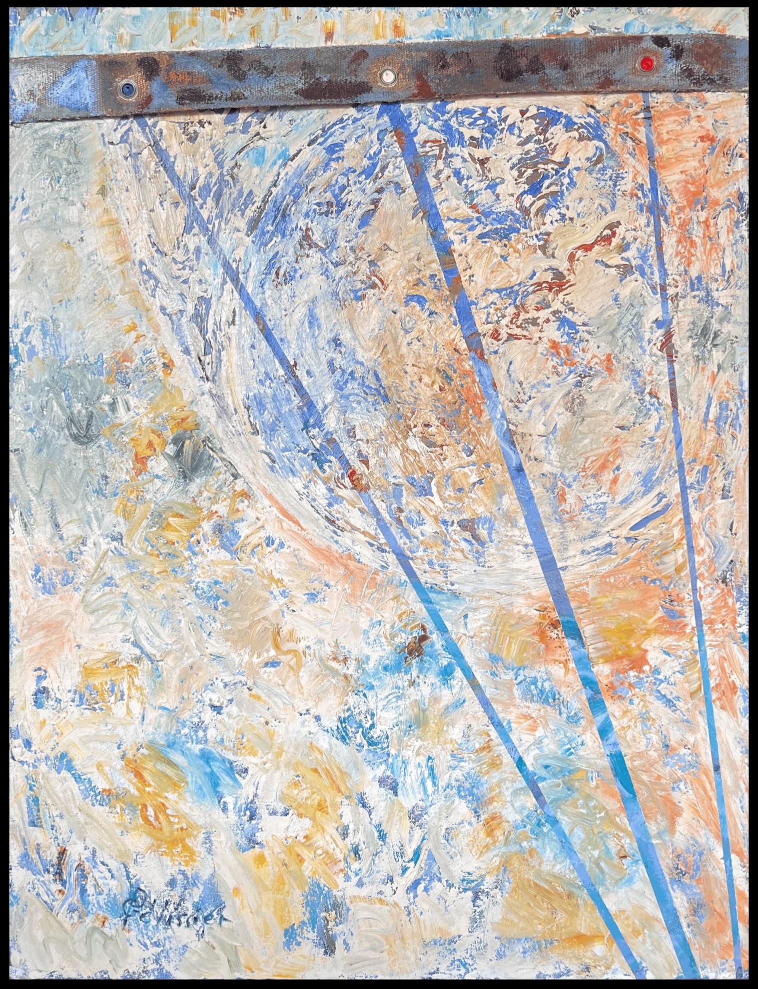 Peinture française abstraite aux lignes et formes diagonales bleu, jaune et orange - Painting de Gilbert Pelissier