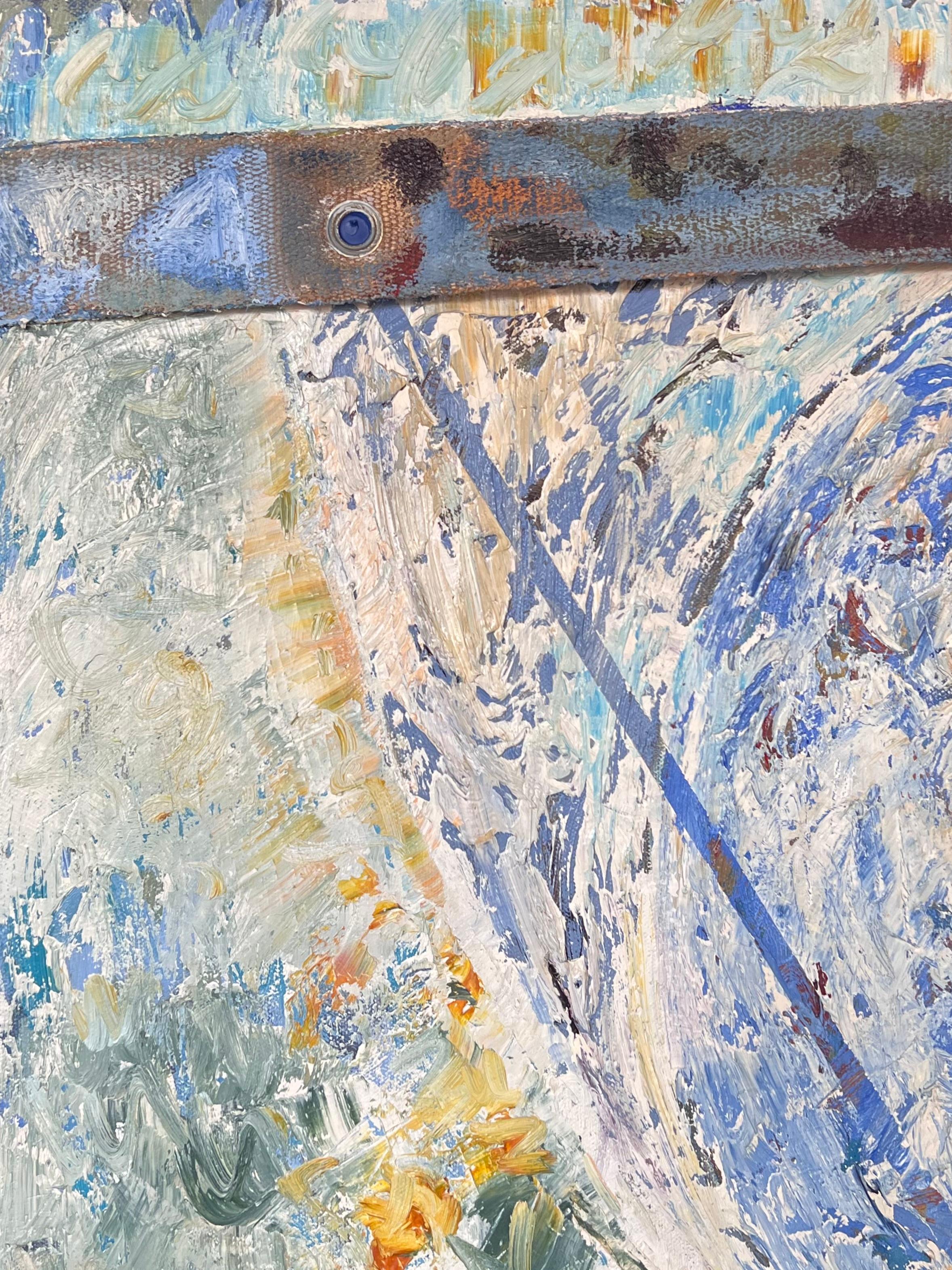 Peinture française abstraite aux lignes et formes diagonales bleu, jaune et orange - Expressionnisme abstrait Painting par Gilbert Pelissier