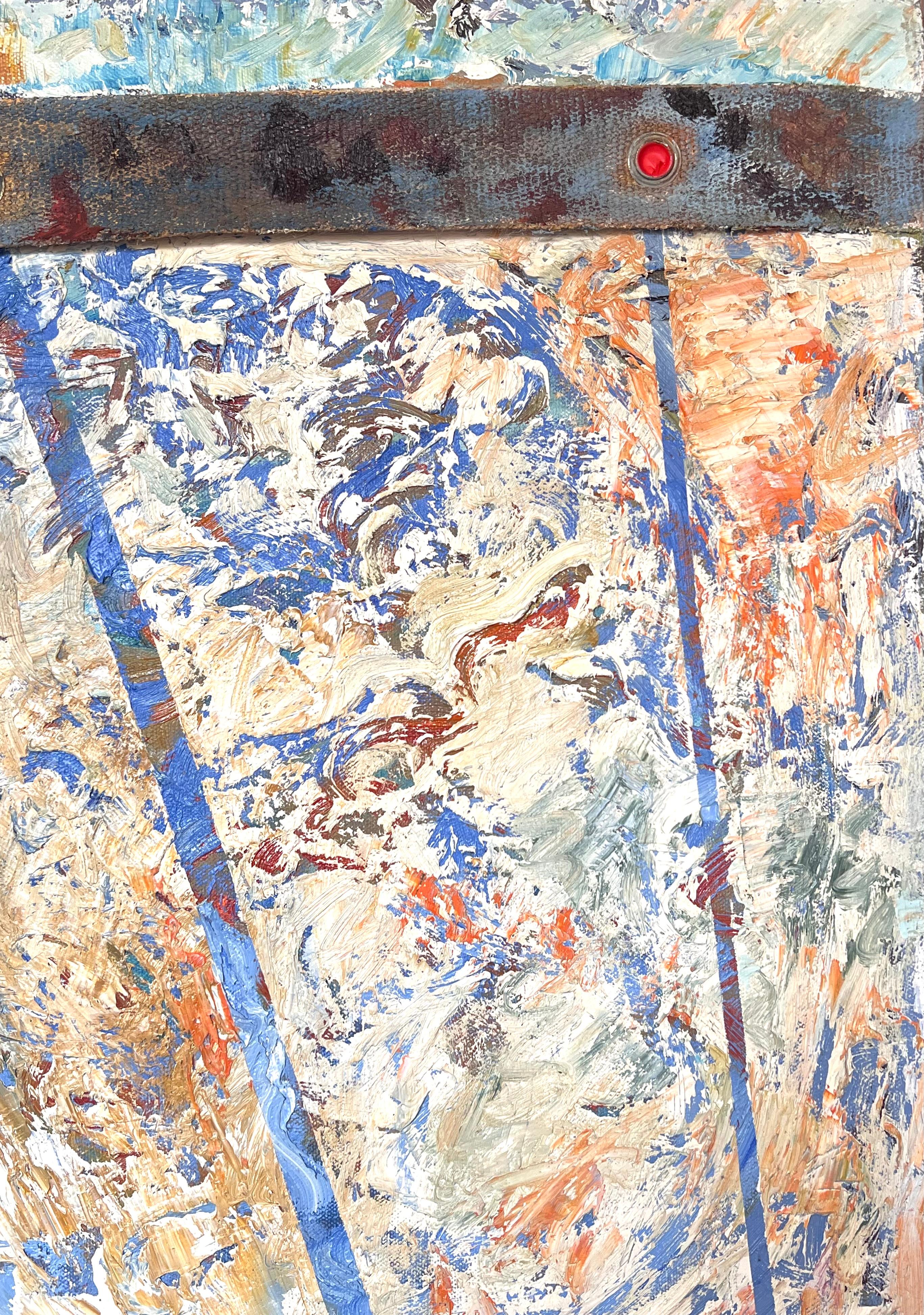Peinture française abstraite aux lignes et formes diagonales bleu, jaune et orange - Gris Abstract Painting par Gilbert Pelissier
