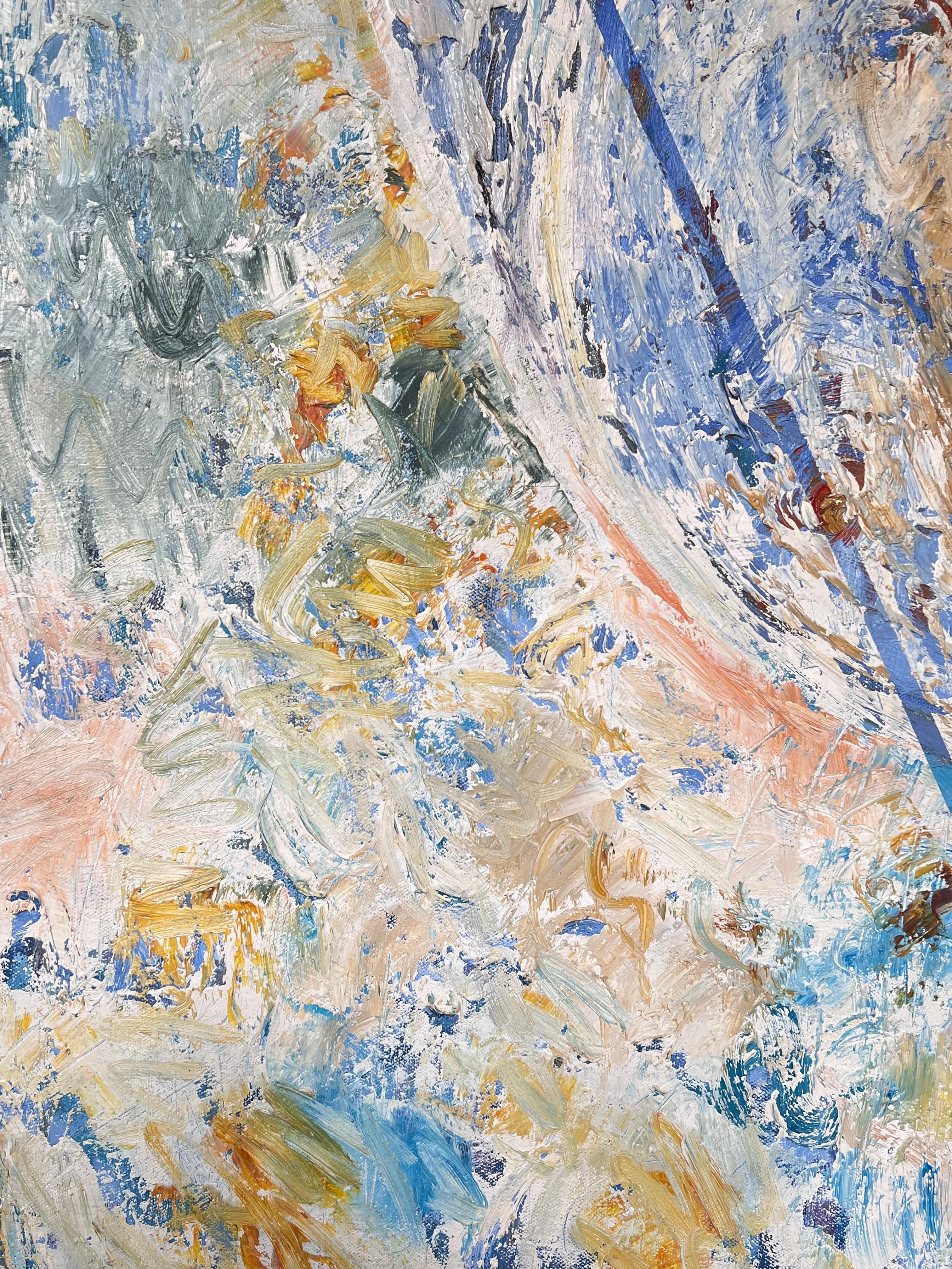 Peinture française abstraite aux lignes et formes diagonales bleu, jaune et orange en vente 1