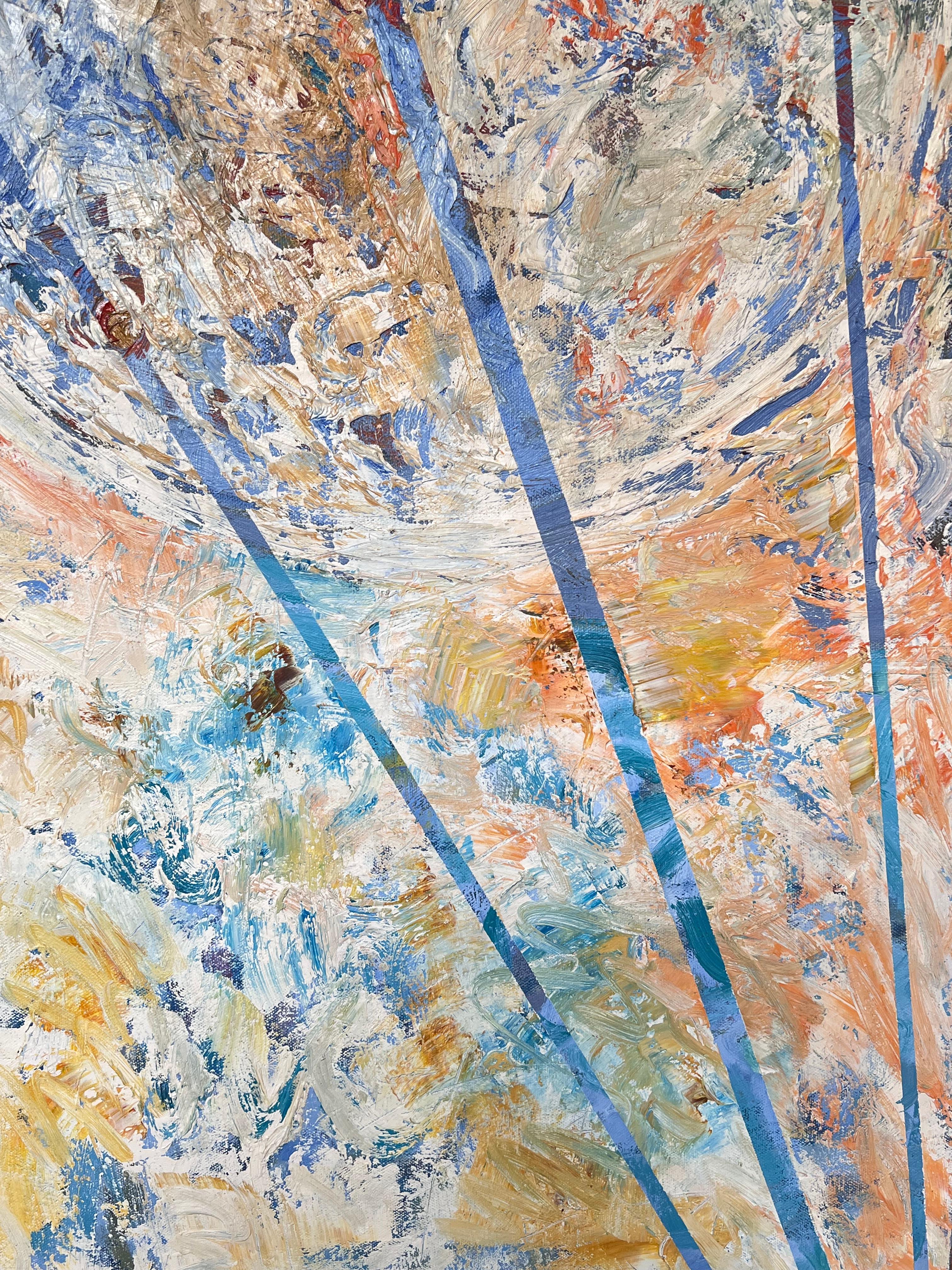 Peinture française abstraite aux lignes et formes diagonales bleu, jaune et orange en vente 2