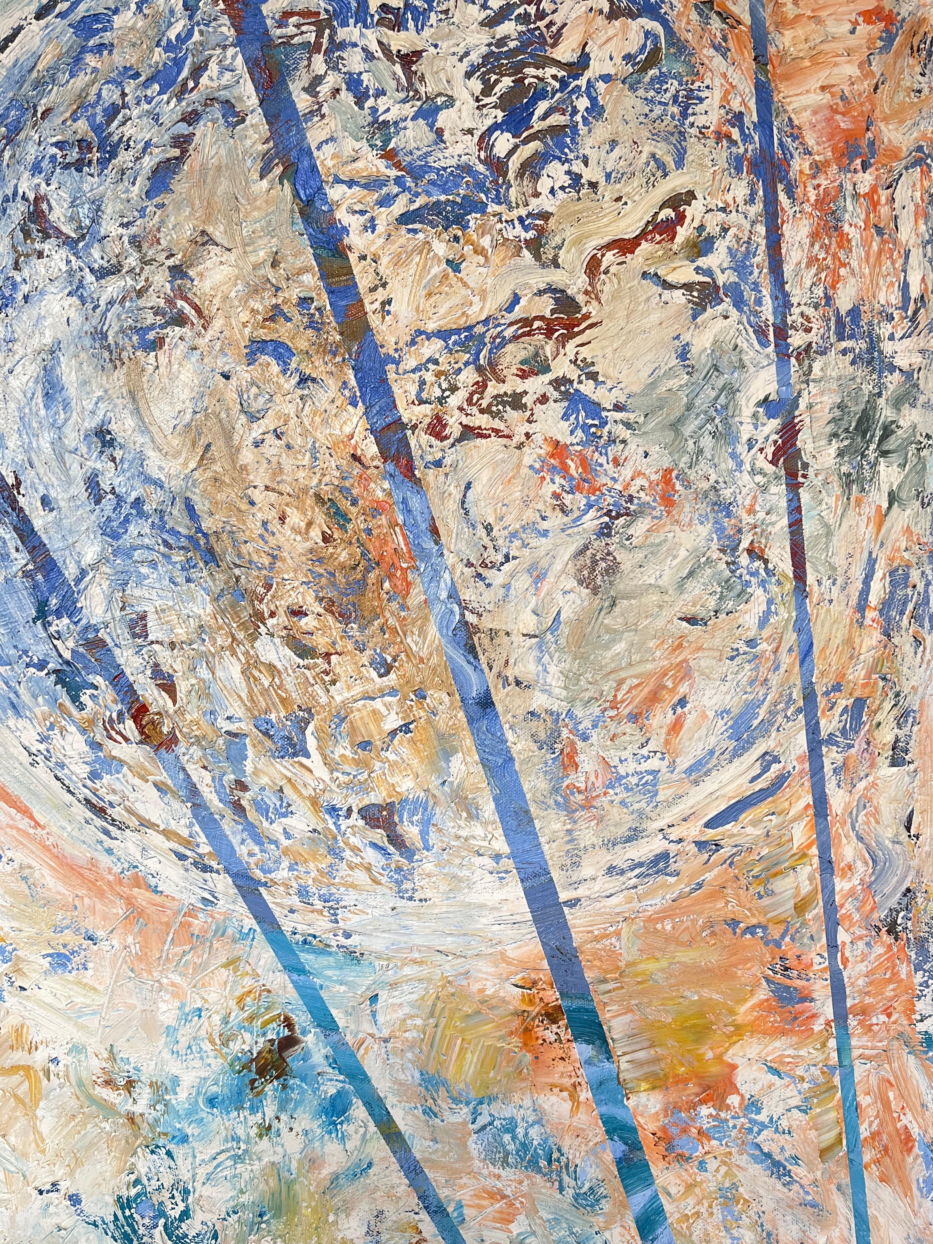Peinture française abstraite aux lignes et formes diagonales bleu, jaune et orange en vente 3