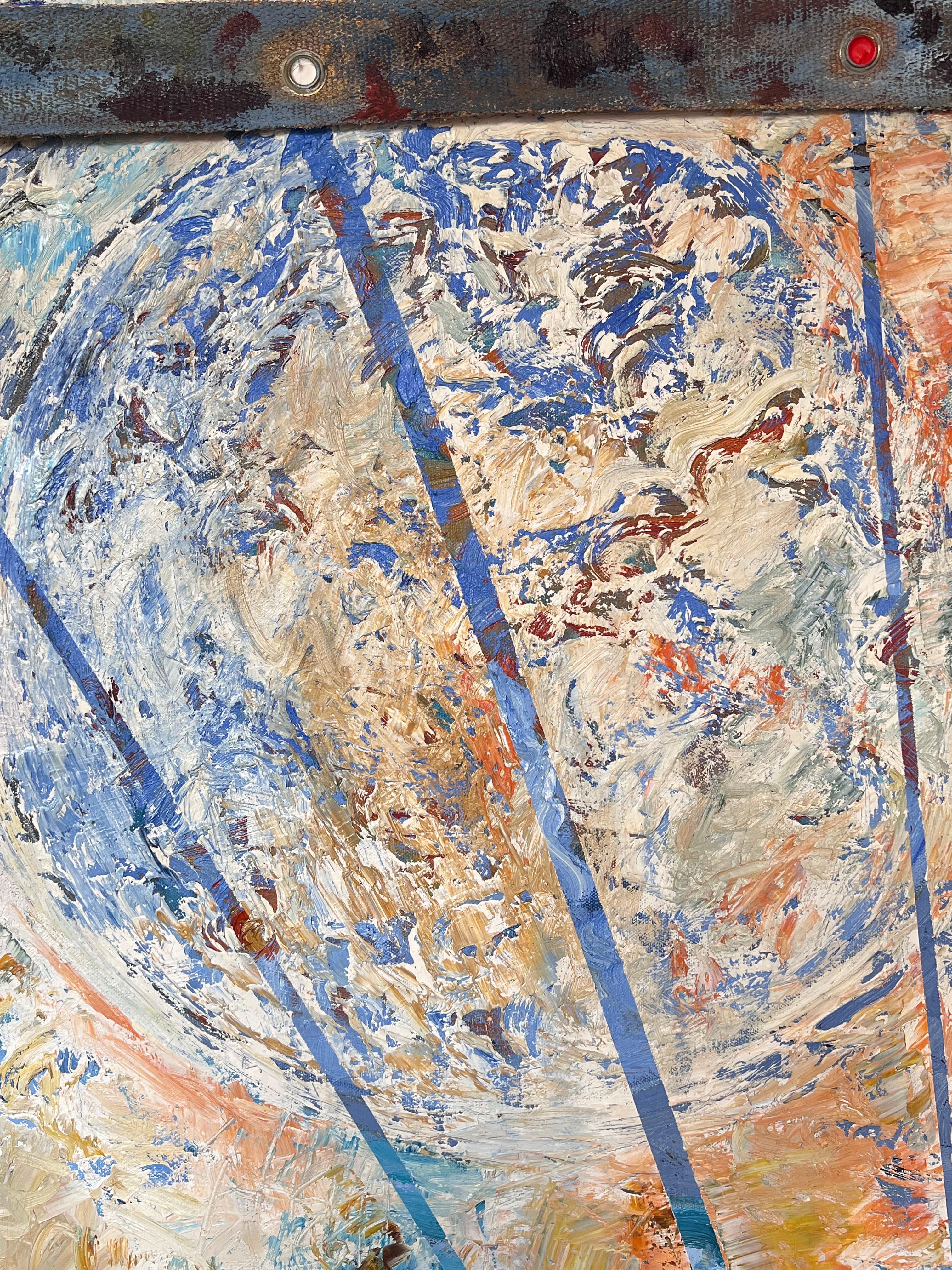 Peinture française abstraite aux lignes et formes diagonales bleu, jaune et orange en vente 4