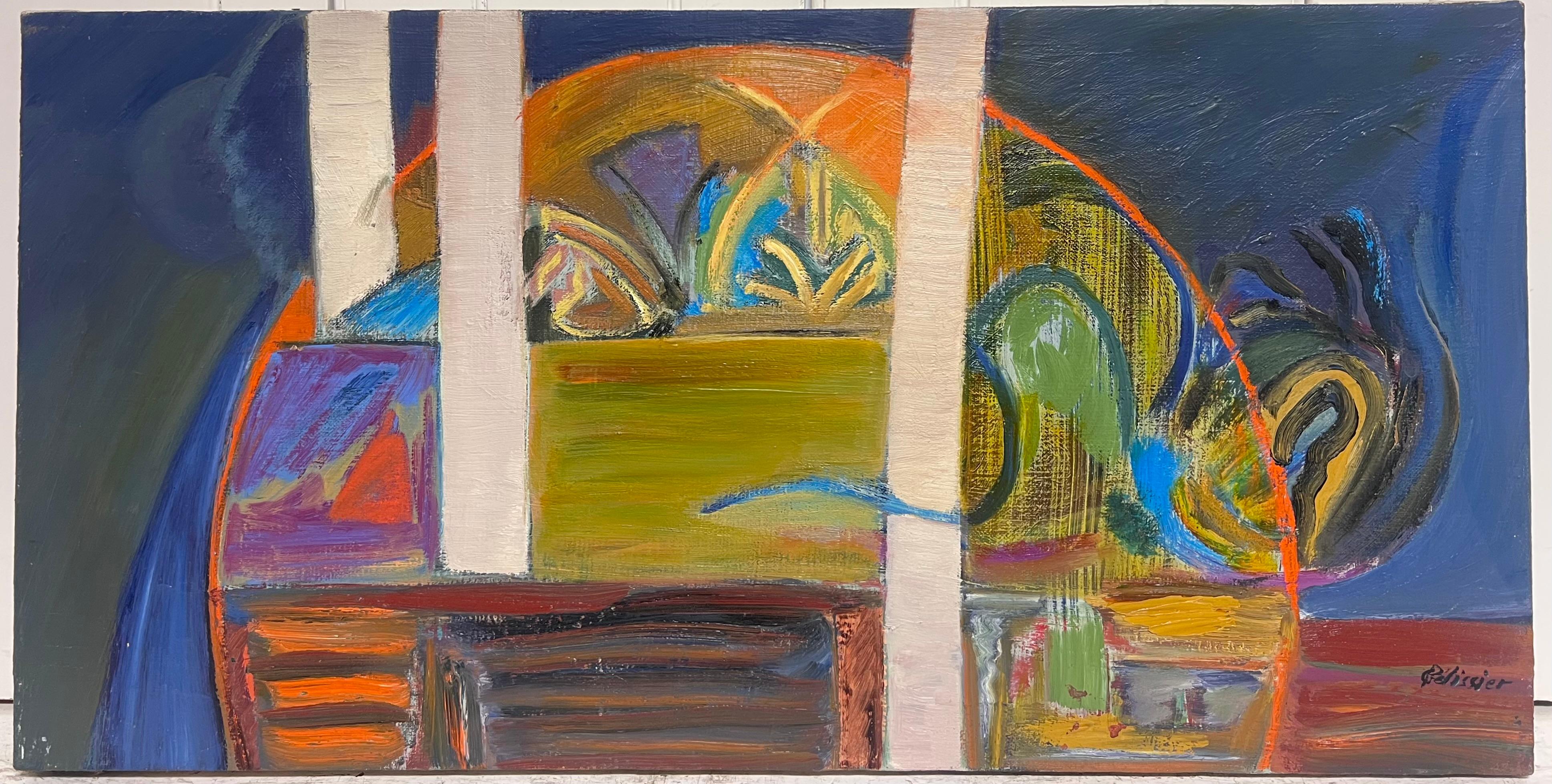 Bold Lines und organische Formen in einem lebhaften abstrakten französischen Gemälde des 20. Jahrhunderts – Painting von Gilbert Pelissier
