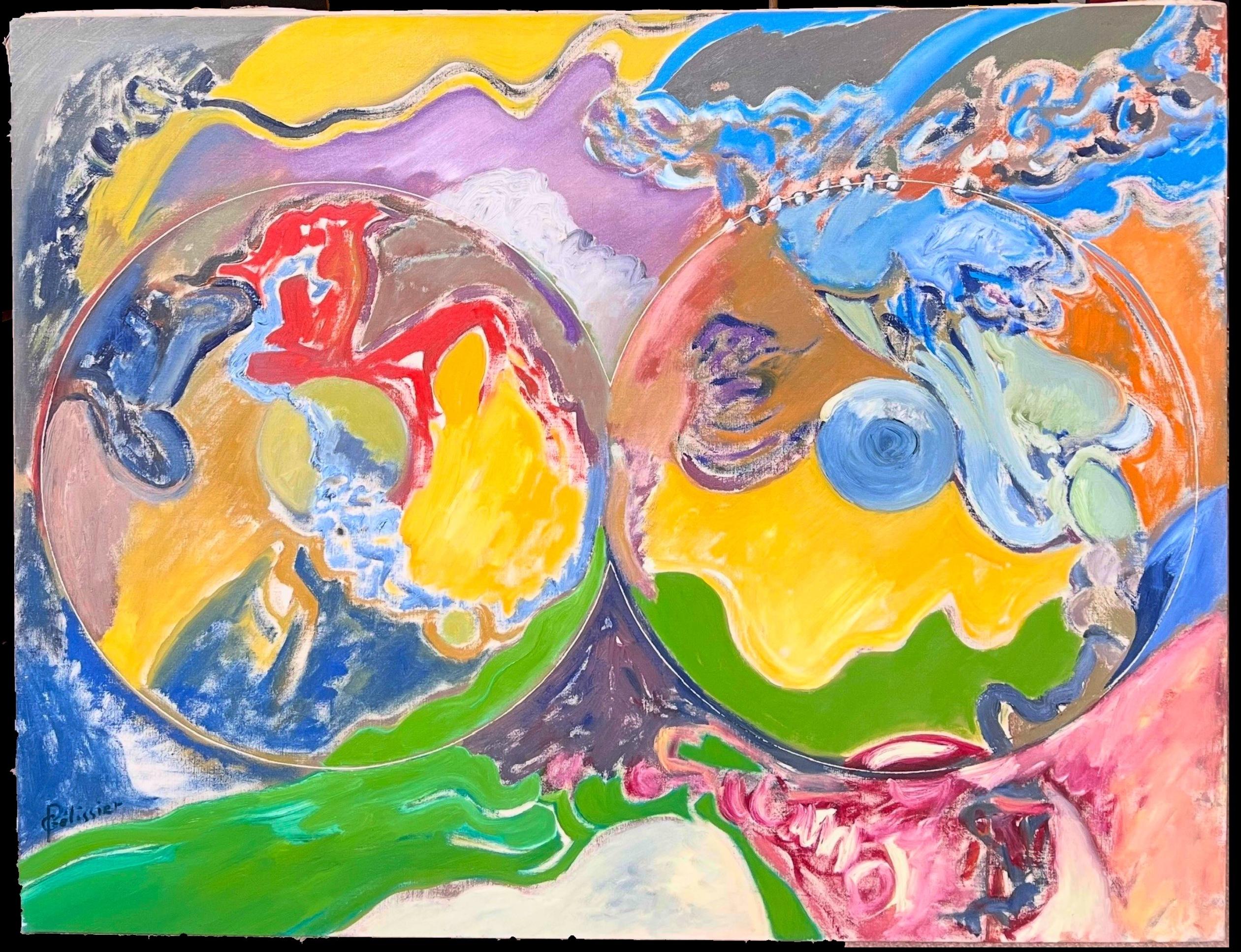 Quadro astratto francese del XX secolo con cerchi luminosi e colorati che si sovrappongono - Painting di Gilbert Pelissier