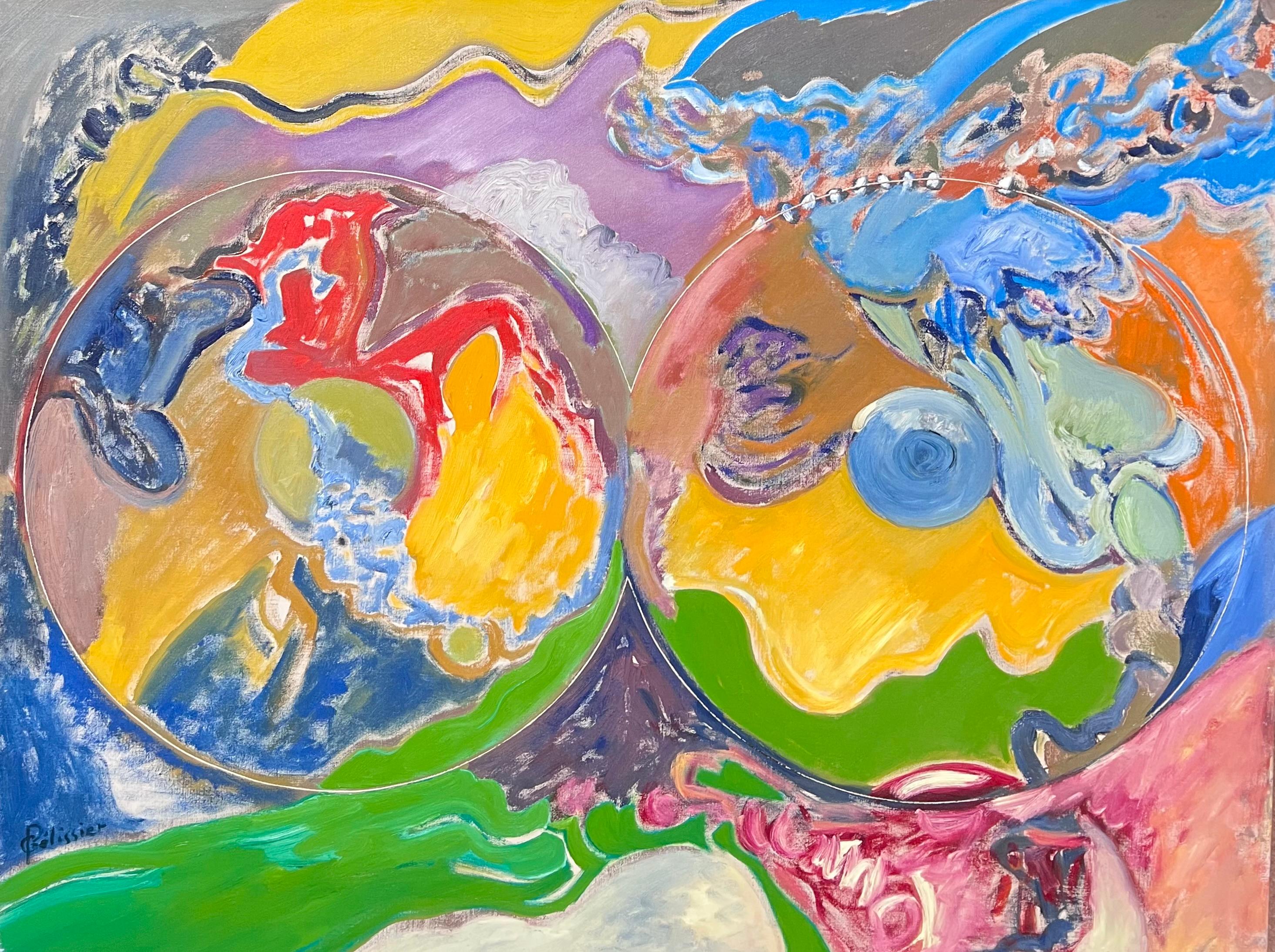 Abstract Painting di Gilbert Pelissier - Quadro astratto francese del XX secolo con cerchi luminosi e colorati che si sovrappongono