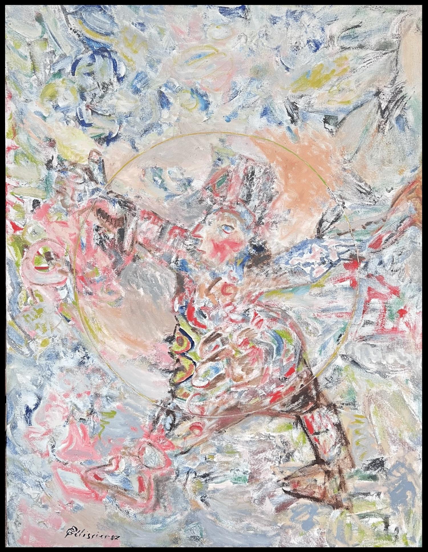 Circus-Figur, die Reifen hält, in lebhaftem, abstraktem, französischem Gemälde des 20. Jahrhunderts – Painting von Gilbert Pelissier