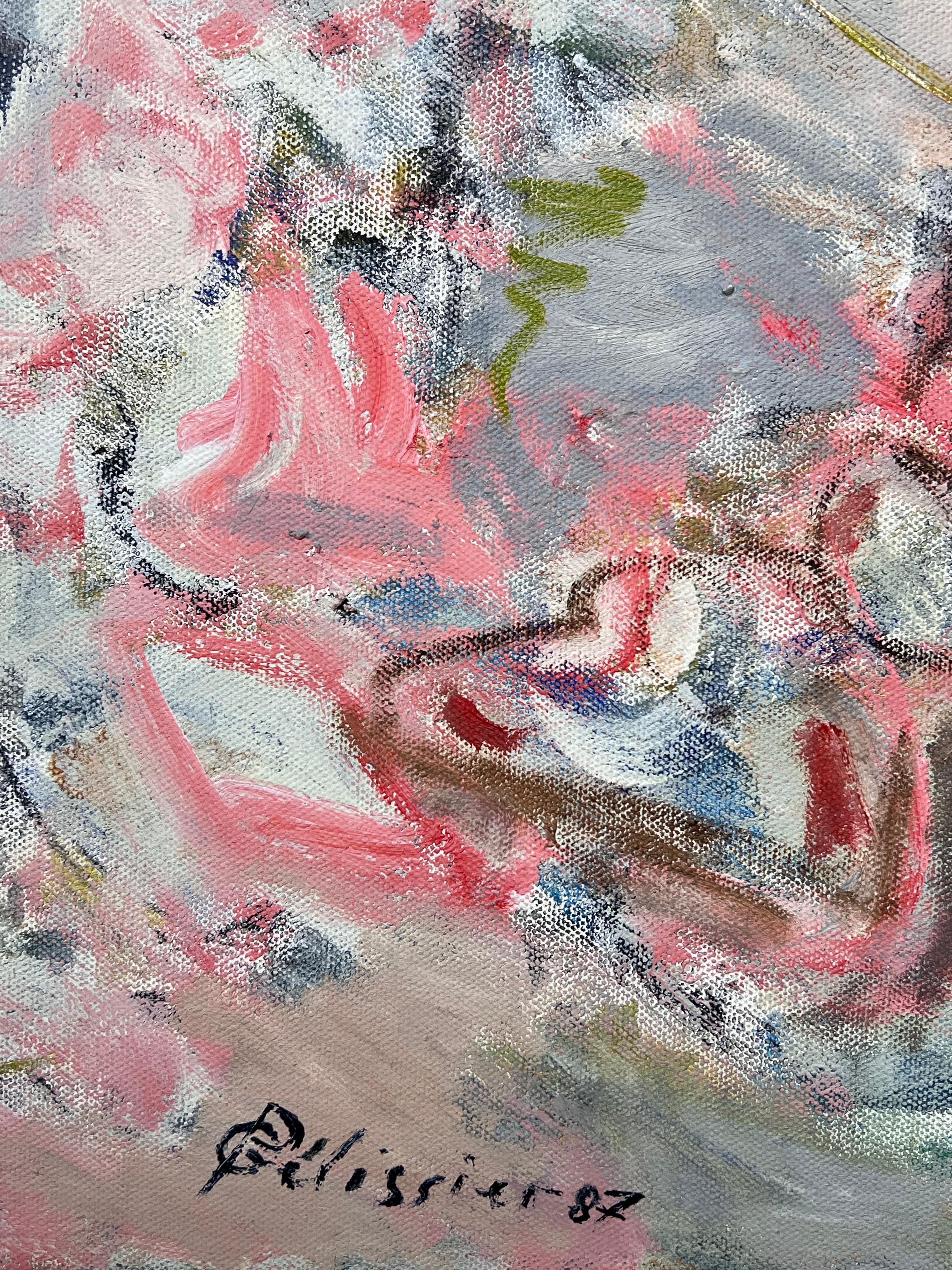 Circus-Figur, die Reifen hält, in lebhaftem, abstraktem, französischem Gemälde des 20. Jahrhunderts (Grau), Abstract Painting, von Gilbert Pelissier