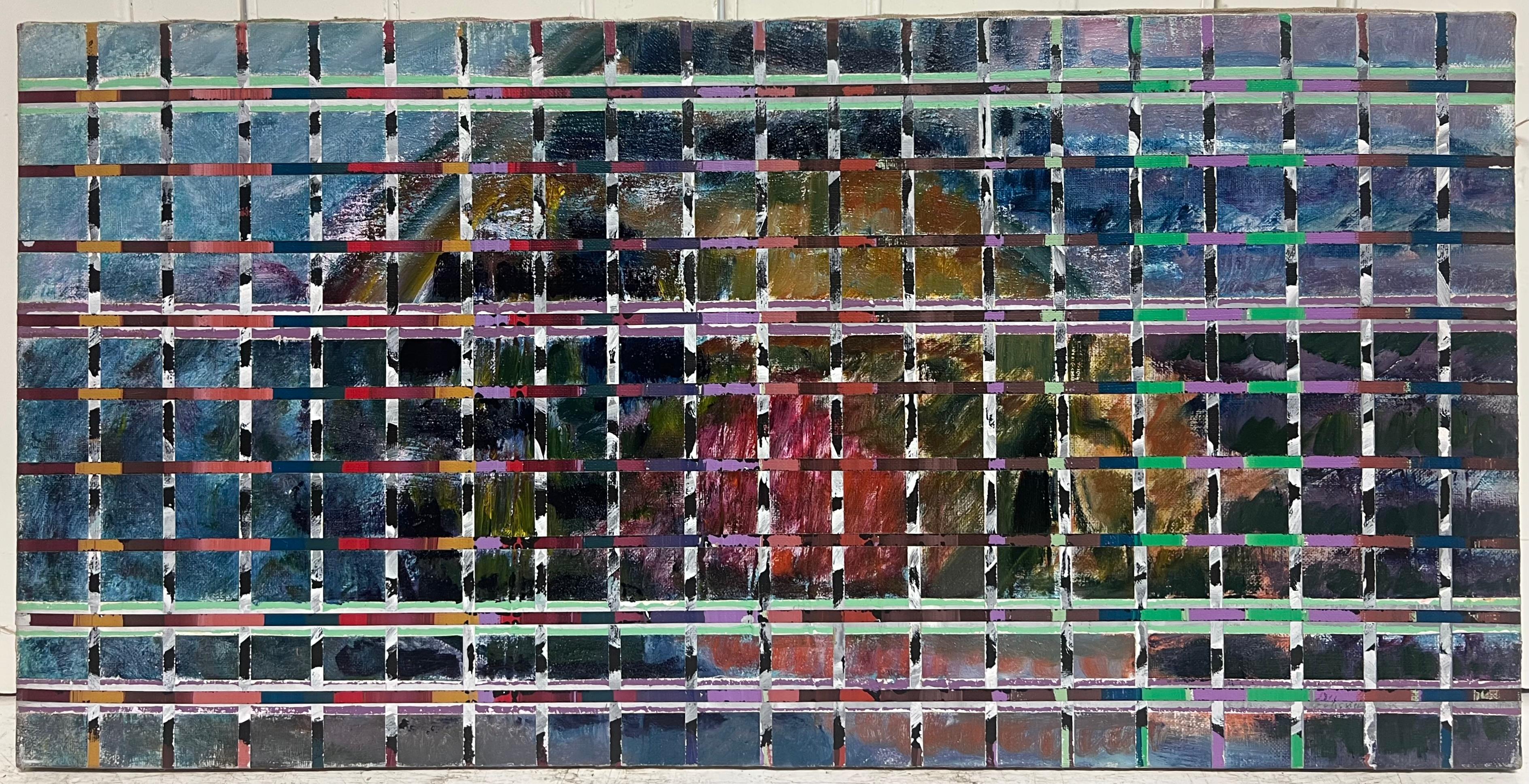 Farbenfrohe Gitter unter einem hellen abstrakten französischen Gemälde des 20. Jahrhunderts – Painting von Gilbert Pelissier