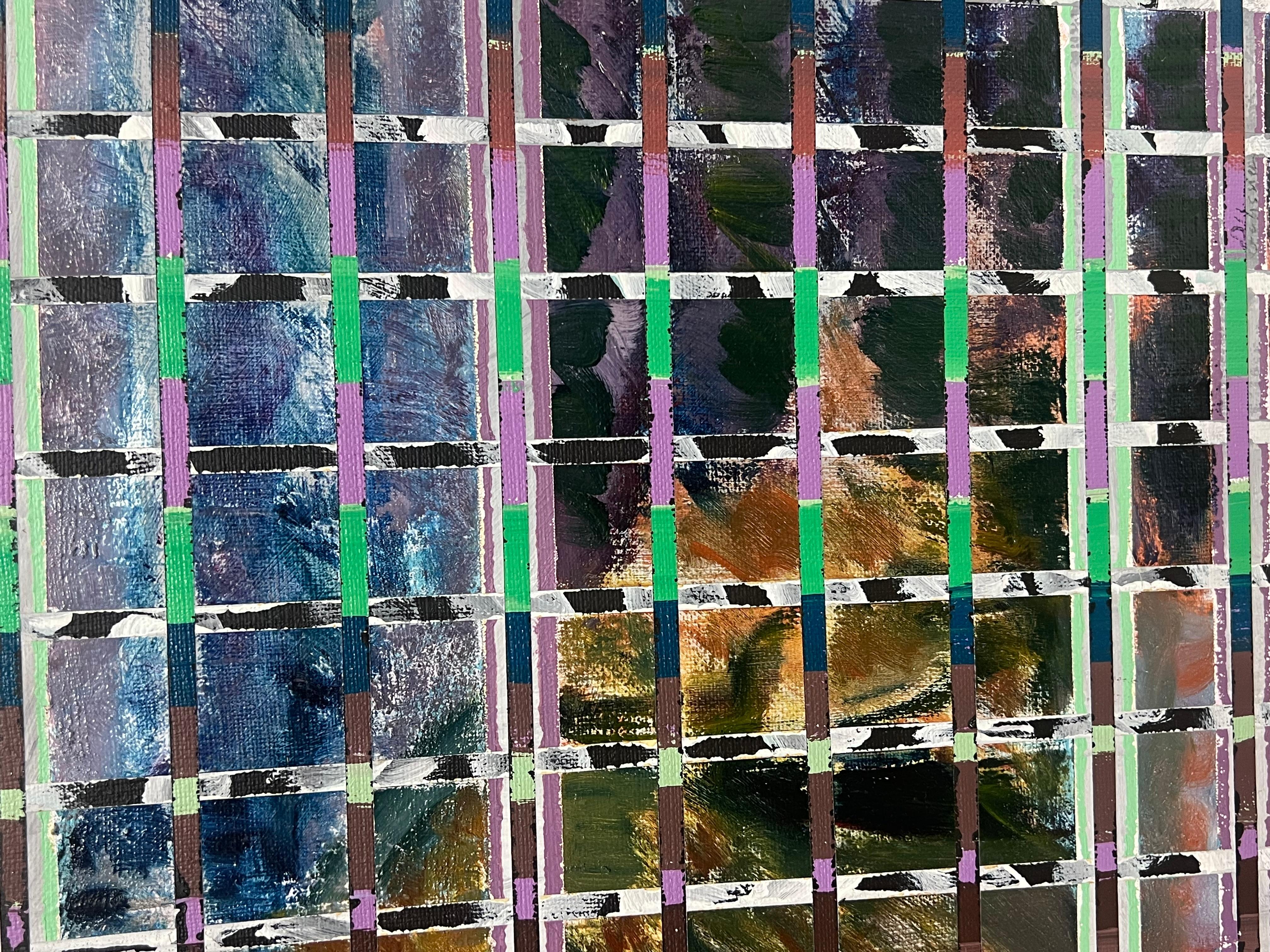 Farbenfrohe Gitter unter einem hellen abstrakten französischen Gemälde des 20. Jahrhunderts (Schwarz), Abstract Painting, von Gilbert Pelissier