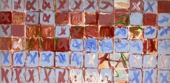 Crosses In Square Abstract Blue and Red French 20th Century Painting