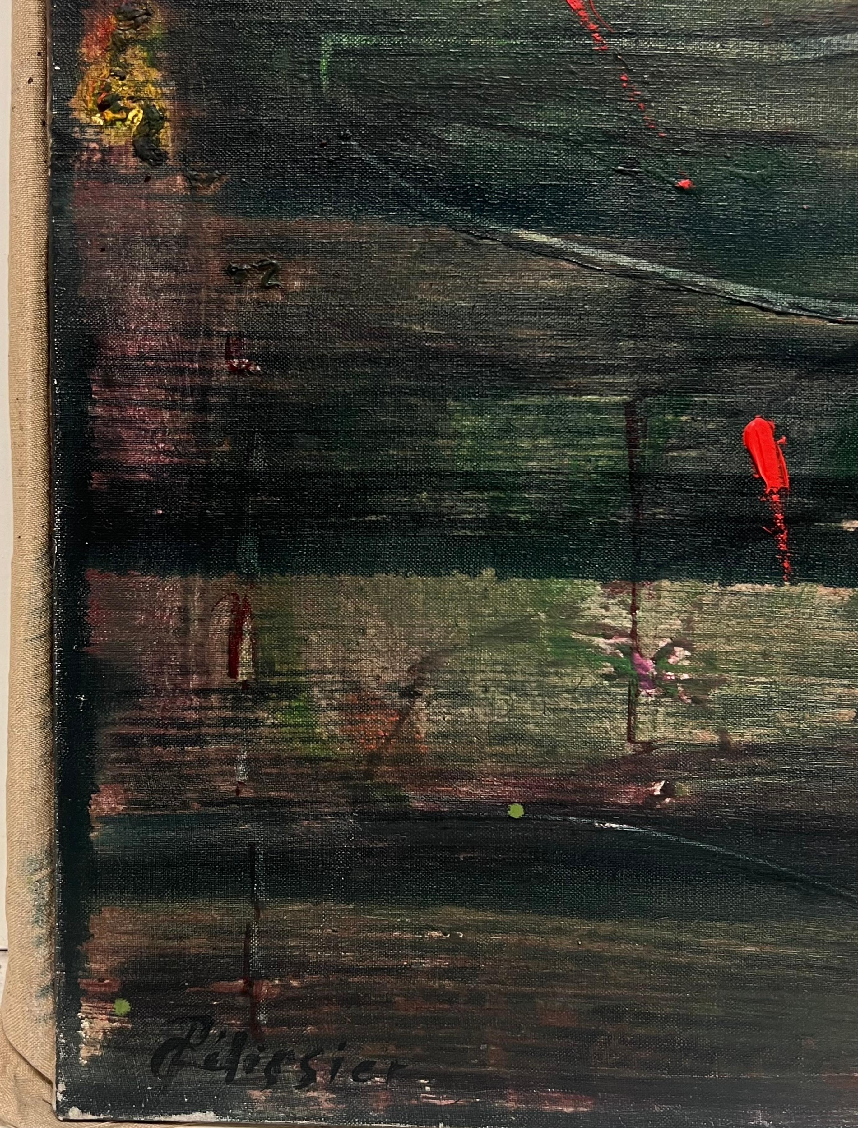 Abstraktes französisches Gemälde des 20. Jahrhunderts in Tiefgrün und Rot Dunkelgrün – Painting von Gilbert Pelissier