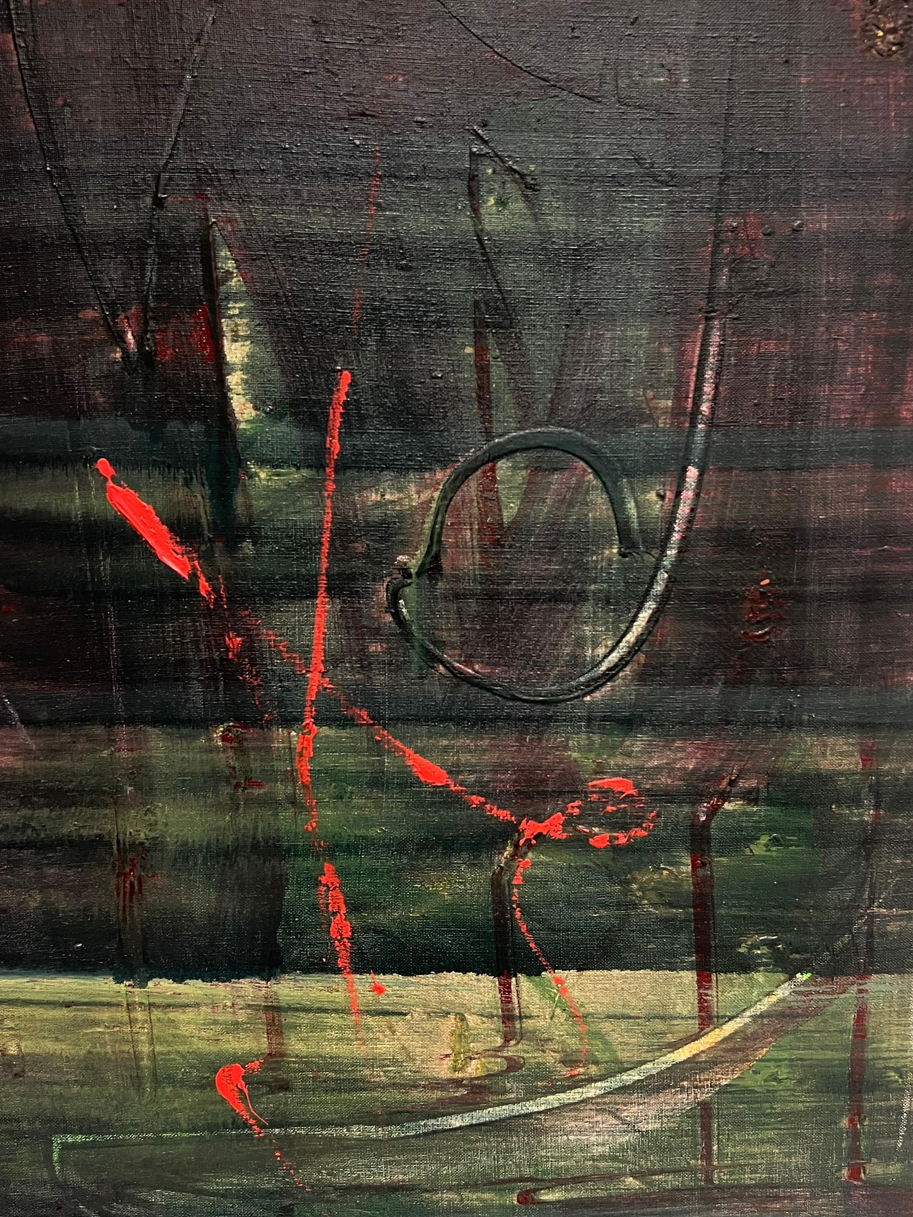 Abstraktes französisches Gemälde des 20. Jahrhunderts in Tiefgrün und Rot Dunkelgrün (Abstrakter Expressionismus), Painting, von Gilbert Pelissier