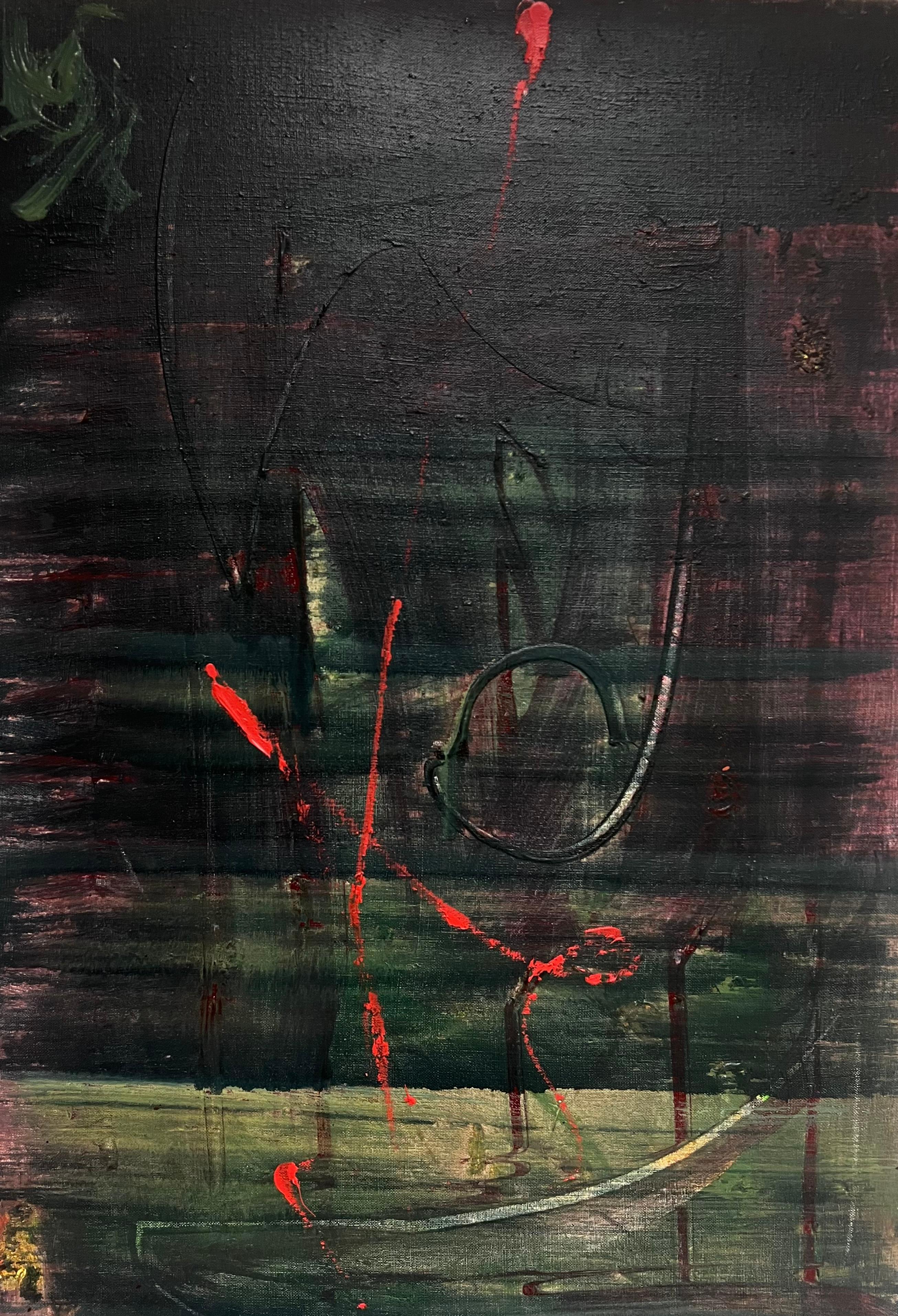 Abstraktes französisches Gemälde des 20. Jahrhunderts in Tiefgrün und Rot Dunkelgrün (Schwarz), Abstract Painting, von Gilbert Pelissier