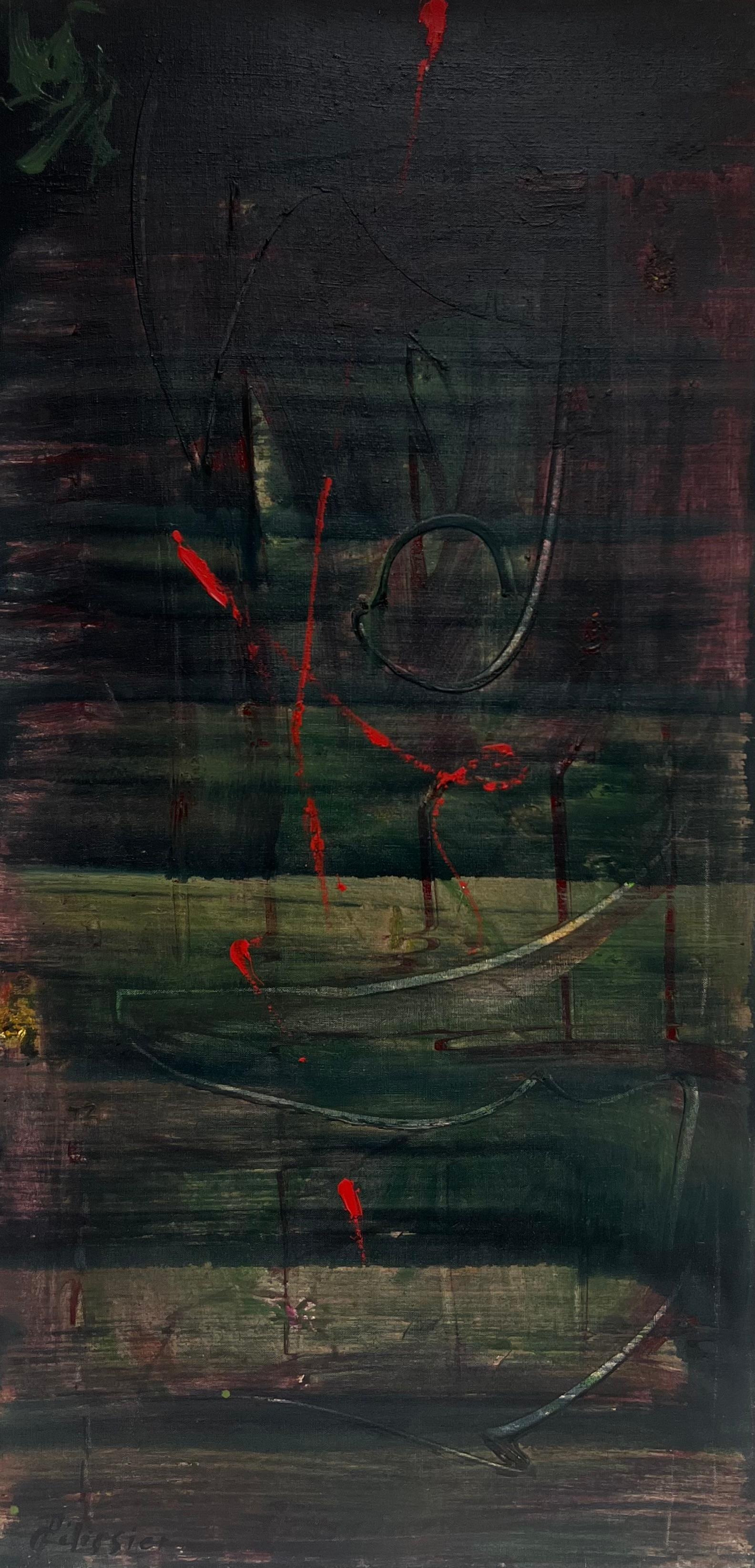 Abstrakt-expressionistische Komposition
unterzeichnet von Gilbert Pelissier (Franzose, geboren 1924)
Ölgemälde auf Leinwand, ungerahmt
Leinwandgröße: 31,5 x 16 Zoll
Zustand: insgesamt sehr gut, ein paar kleinere Oberflächenabschürfungen durch die