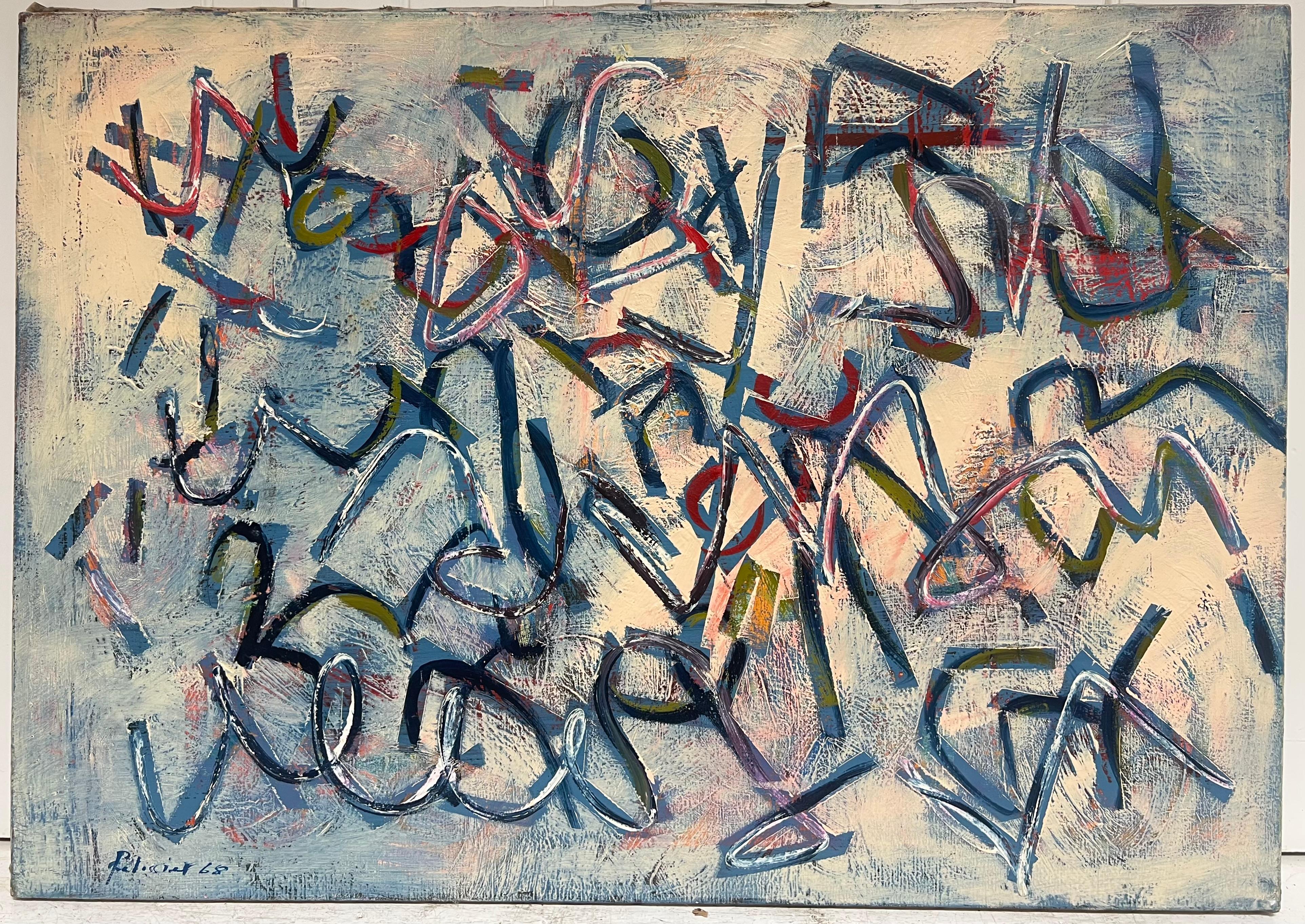 Tratti dinamici e colori blu vibranti Pittura astratta francese del XX secolo - Painting di Gilbert Pelissier