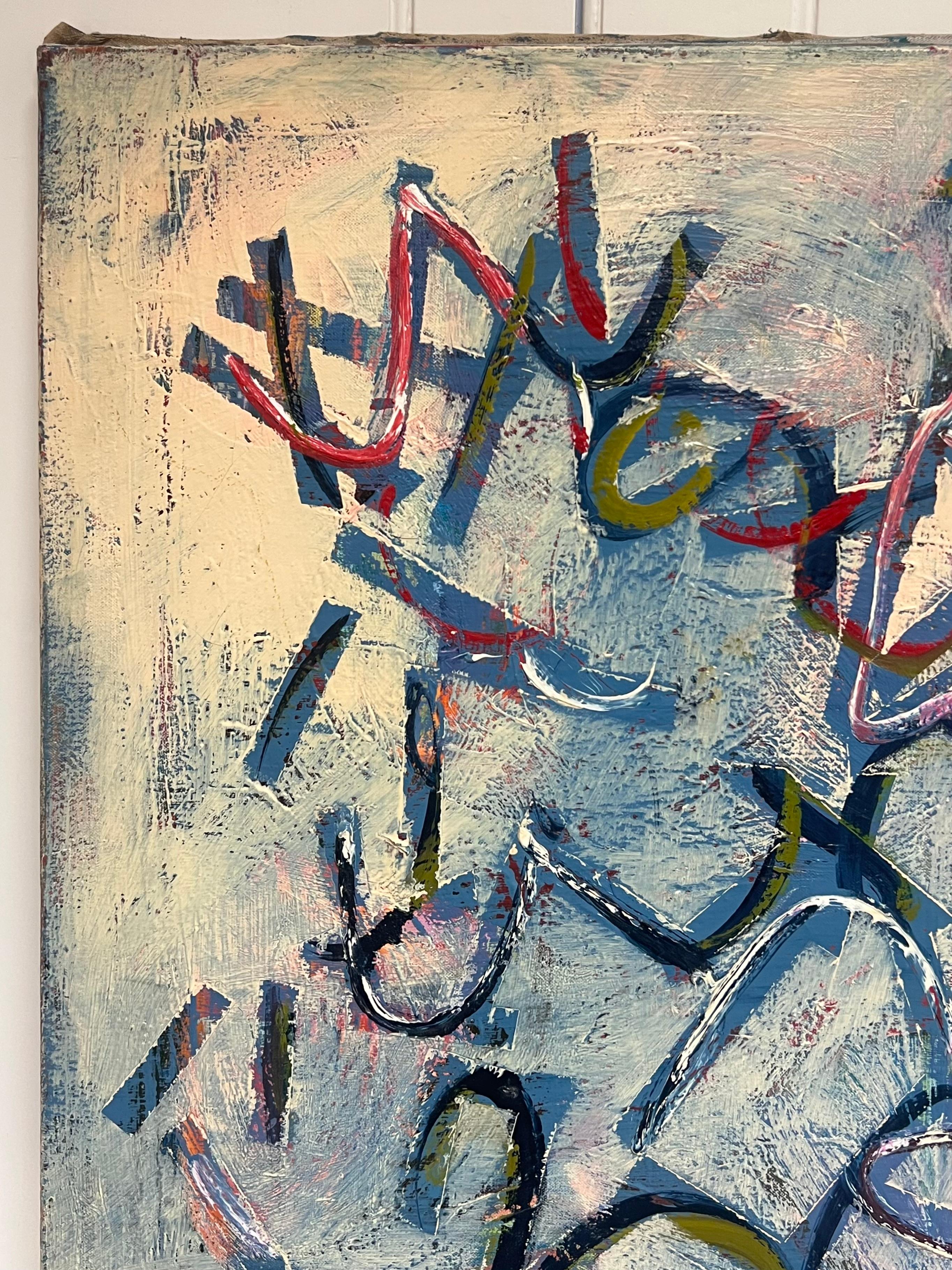 Tratti dinamici e colori blu vibranti Pittura astratta francese del XX secolo - Painting Espressionismo astratto di Gilbert Pelissier