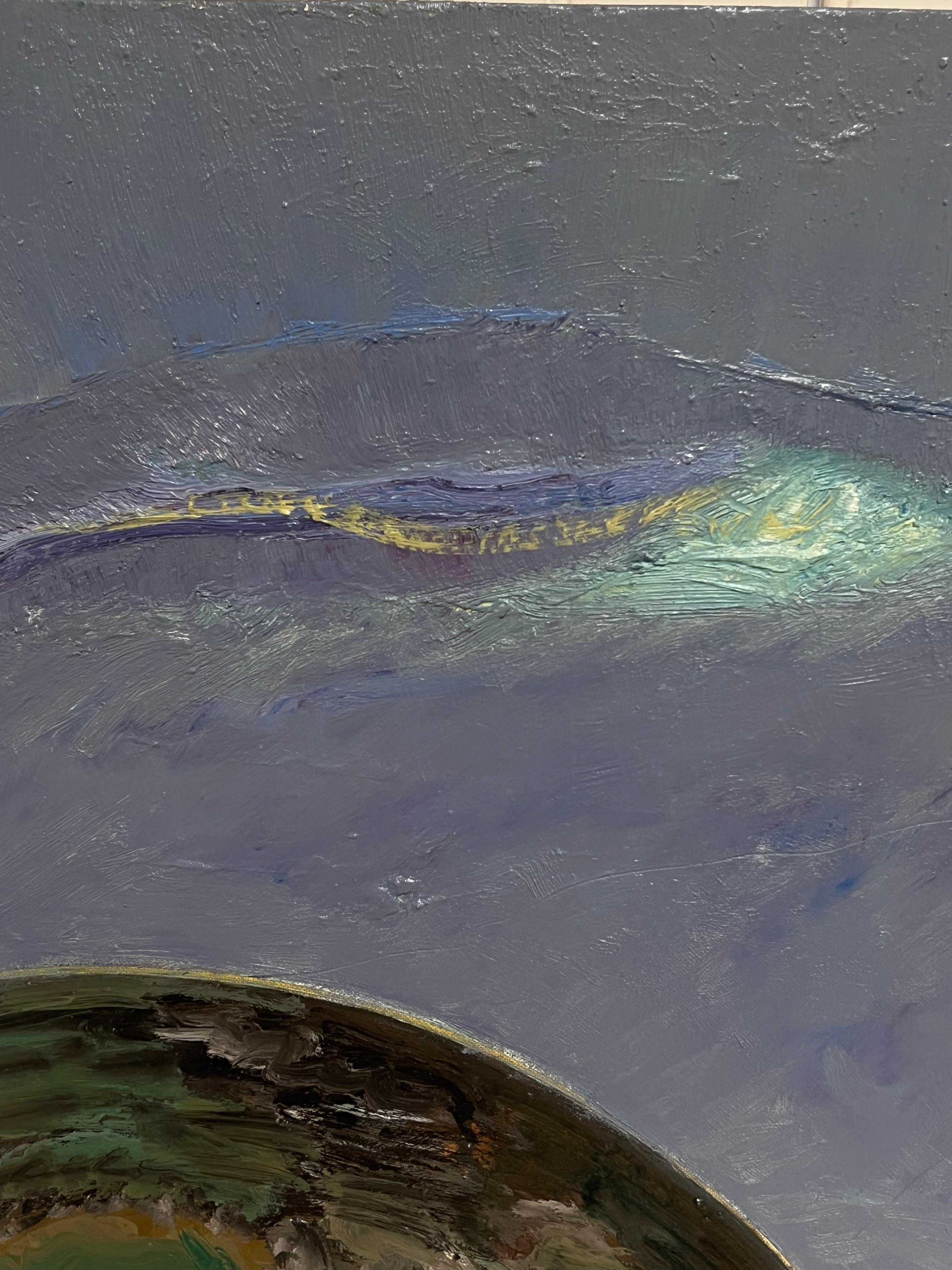 Earthly Curves Meet a Radiant Sun on the Horizon, Französisches Gemälde des 20. Jahrhunderts (Grau), Abstract Painting, von Gilbert Pelissier