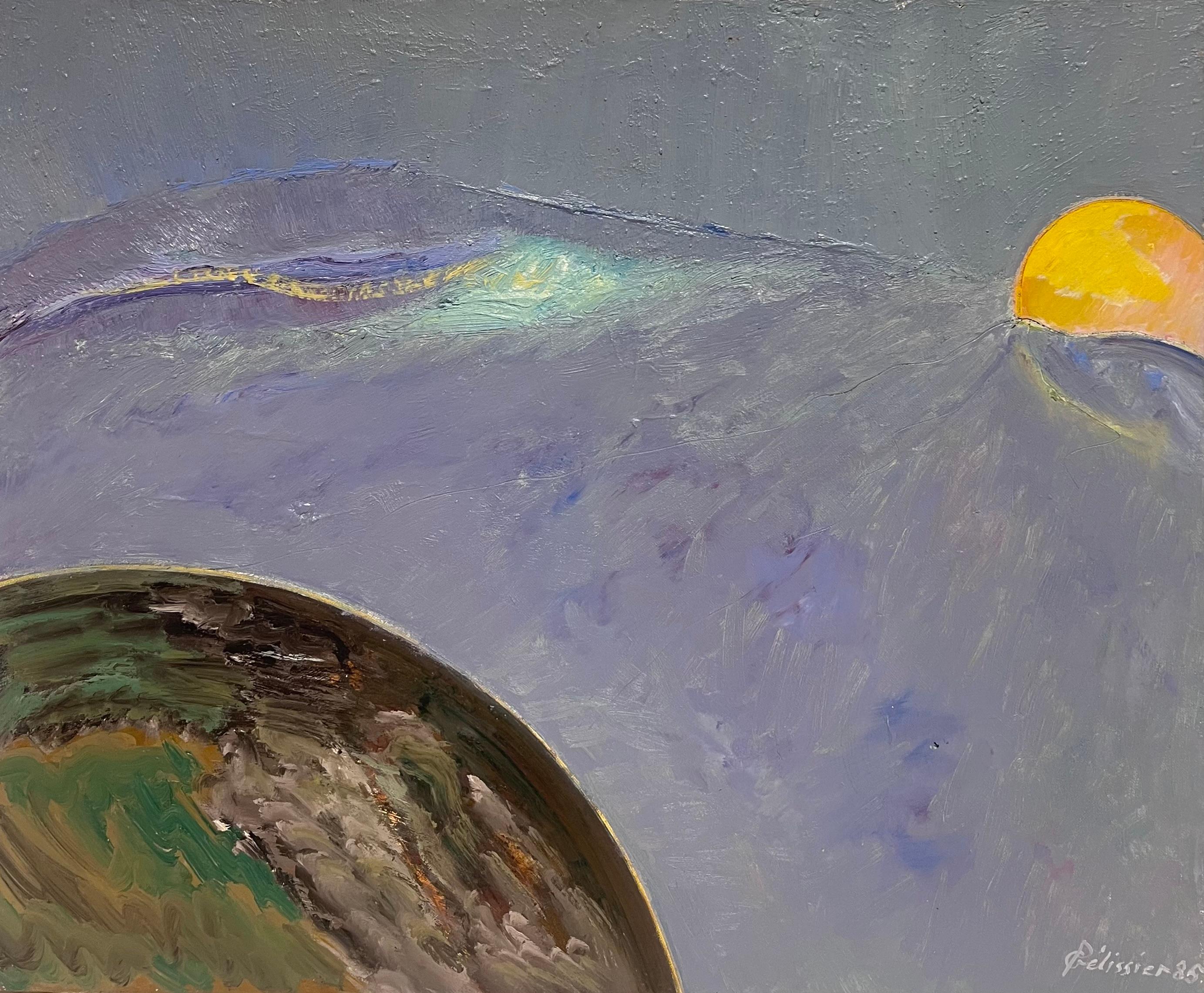 Les courbes terrestres rencontrent un soleil radieux à l'horizon Peinture française du XXe siècle