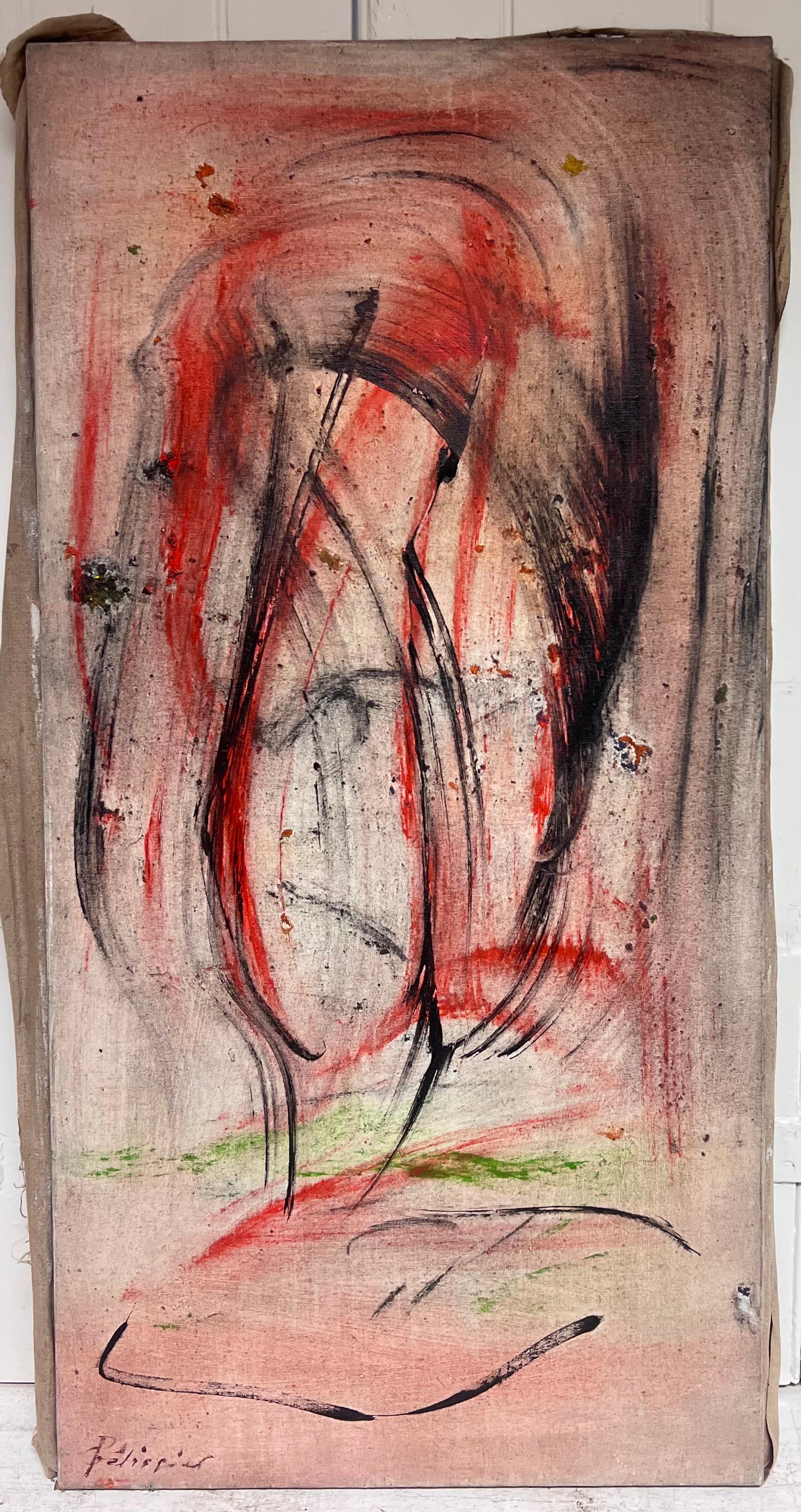 Expressionistisches rot-schwarzes abstraktes französisches Gemälde des 20. Jahrhunderts im Angebot 1