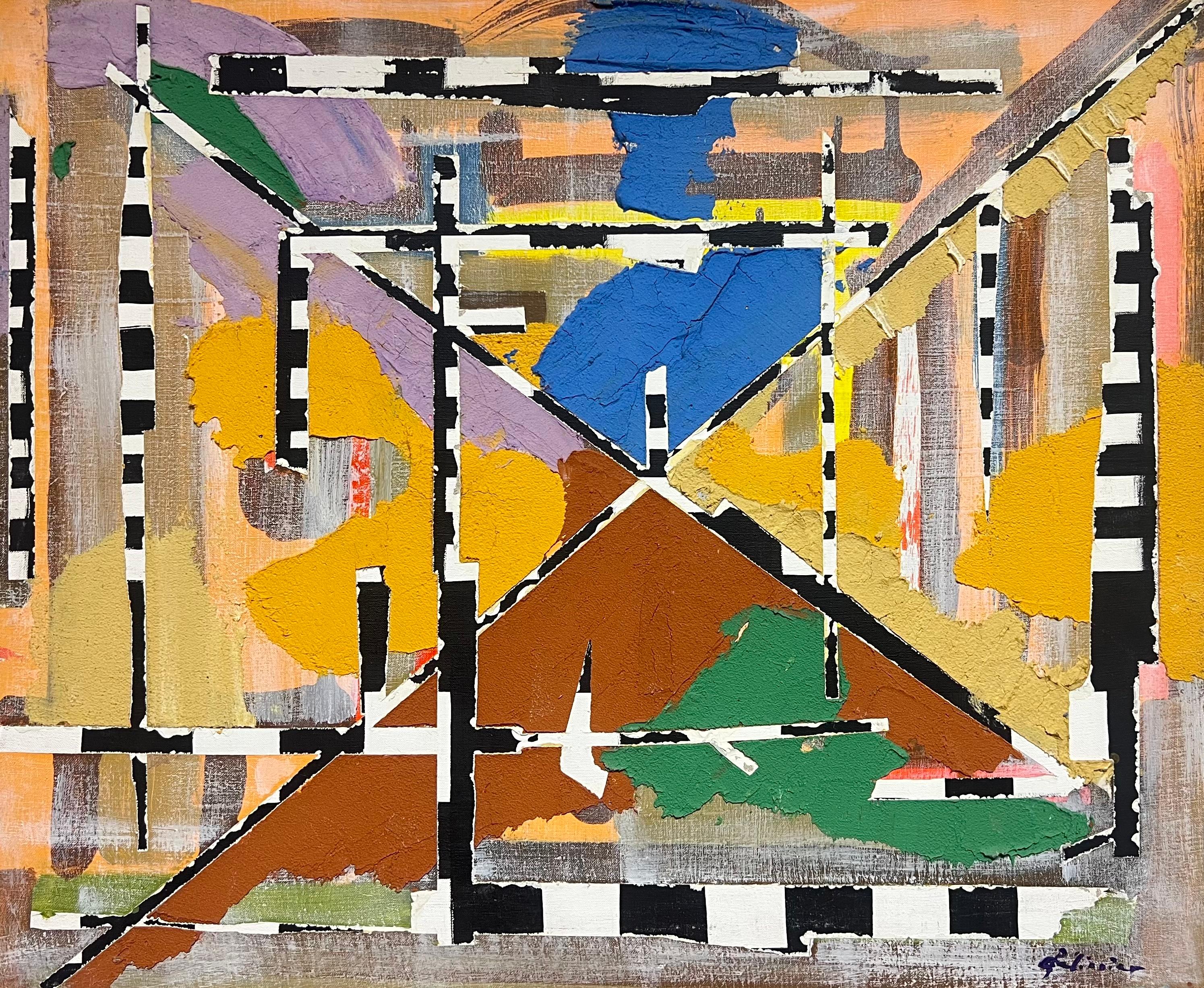 Abstract Painting di Gilbert Pelissier - Pittura astratta francese degli anni '70 su tela, firmata e datata