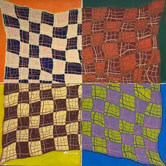 Geometrisches, abstraktes, signiertes Ölgemälde auf Leinwand, Quadrate und Formen, Französisch, 1980er Jahre