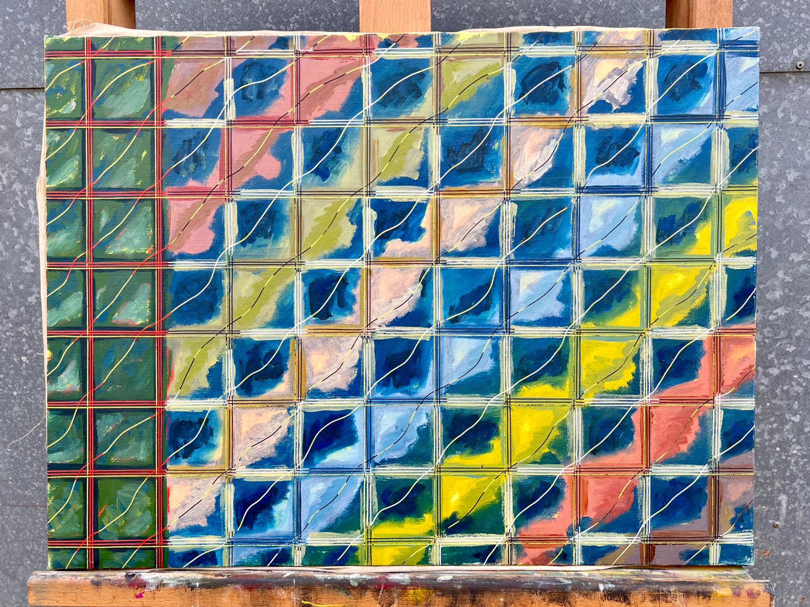 Astratto francese del 20° secolo: contrasti di colore audaci e motivi a griglia stratificati - Painting di Gilbert Pelissier