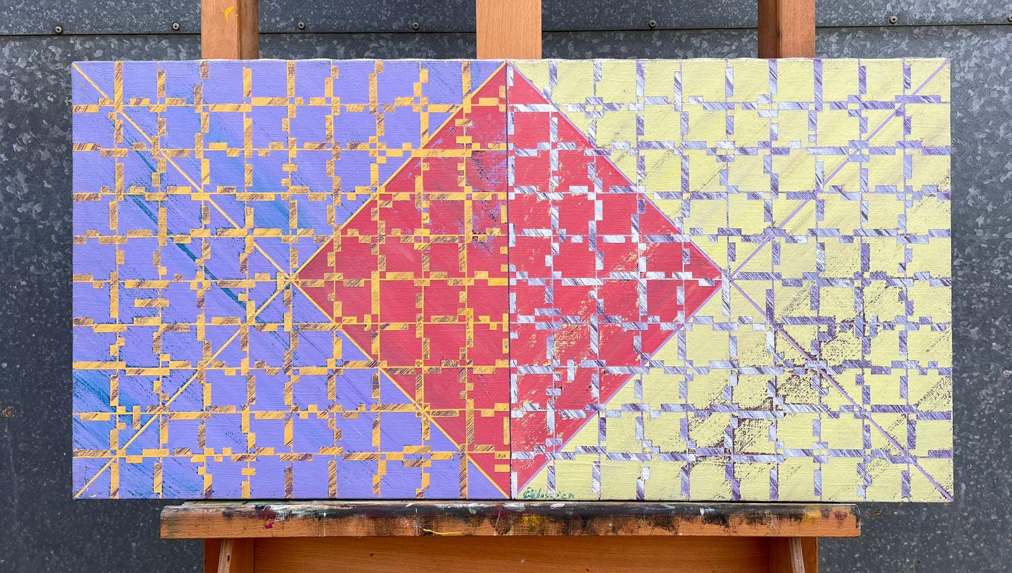 Diamante rosso astratto in grassetto del XX secolo in mezzo a una griglia complessa - Painting di Gilbert Pelissier