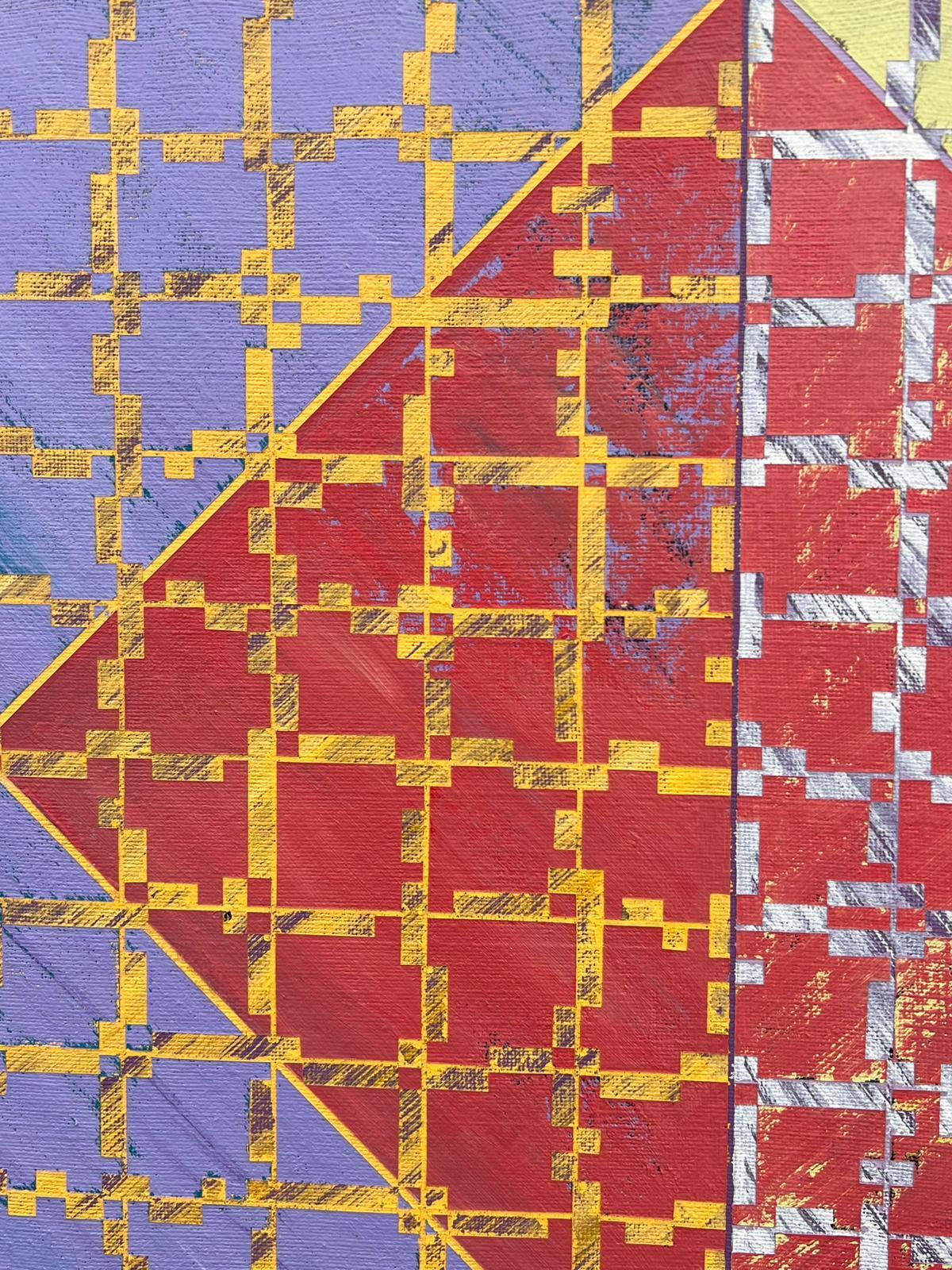 Diamante rosso astratto in grassetto del XX secolo in mezzo a una griglia complessa - Abstract Painting Grigio di Gilbert Pelissier