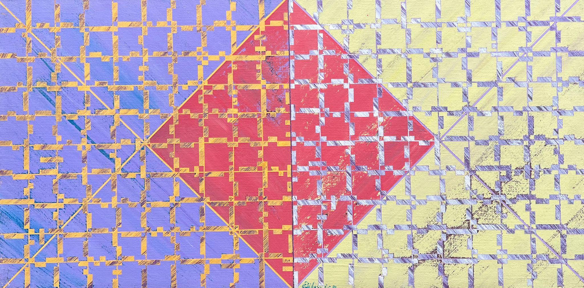 Abstract Painting di Gilbert Pelissier - Diamante rosso astratto in grassetto del XX secolo in mezzo a una griglia complessa