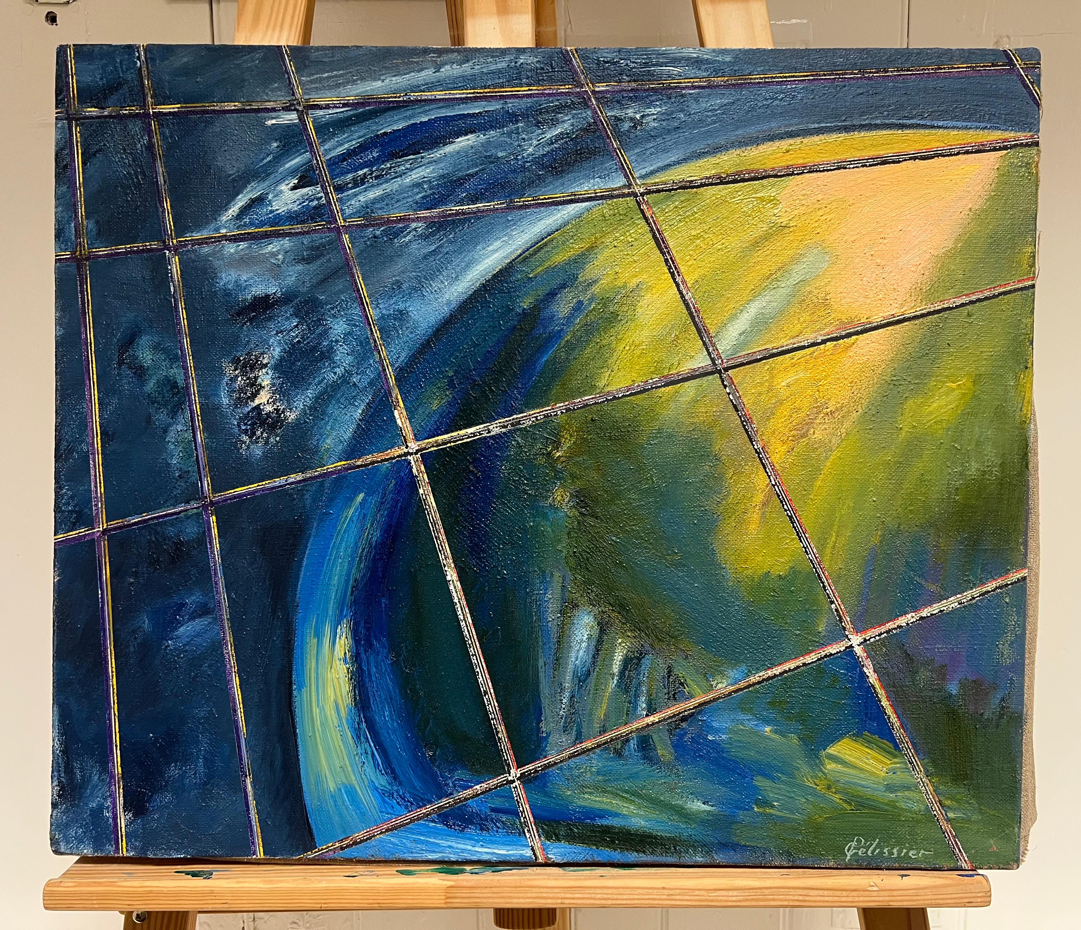 Französisch 20. Jahrhundert Abstrakte kosmische Vision mit Rasterlinien Blau Grün und Gelb – Painting von Gilbert Pelissier