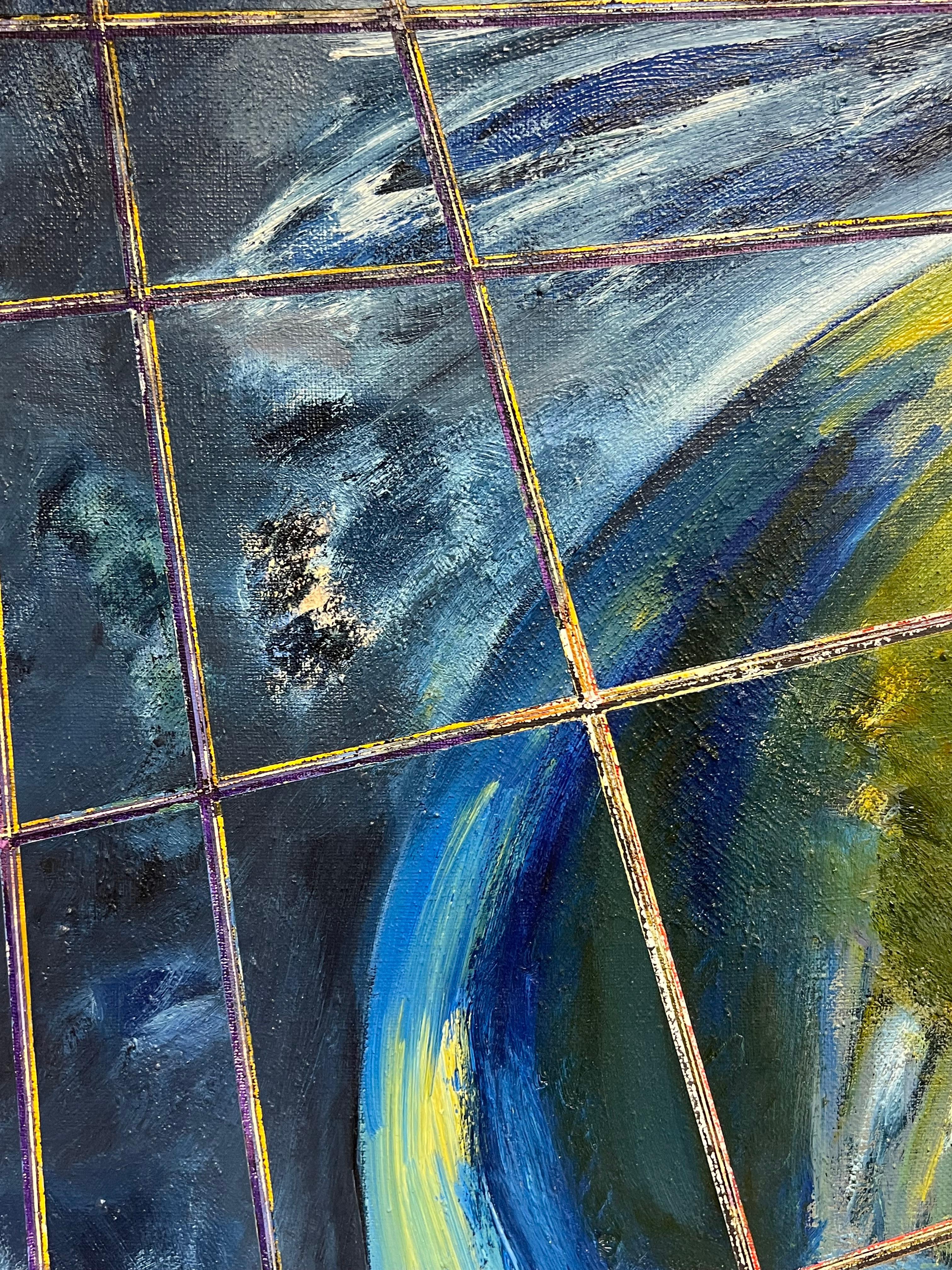 Französisch 20. Jahrhundert Abstrakte kosmische Vision mit Rasterlinien Blau Grün und Gelb (Abstrakter Expressionismus), Painting, von Gilbert Pelissier