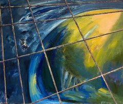 Abstracto francés del siglo XX Visión cósmica con retículas Azul Verde y Amarillo