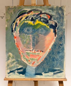 French 20th Century Abstract Head Portrait of Figure Large Oil Painting Canvas