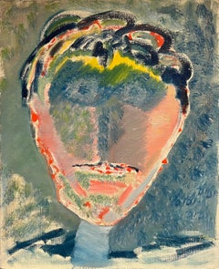 French 20th Century Abstract Head Portrait of Figure Large Oil Painting Canvas