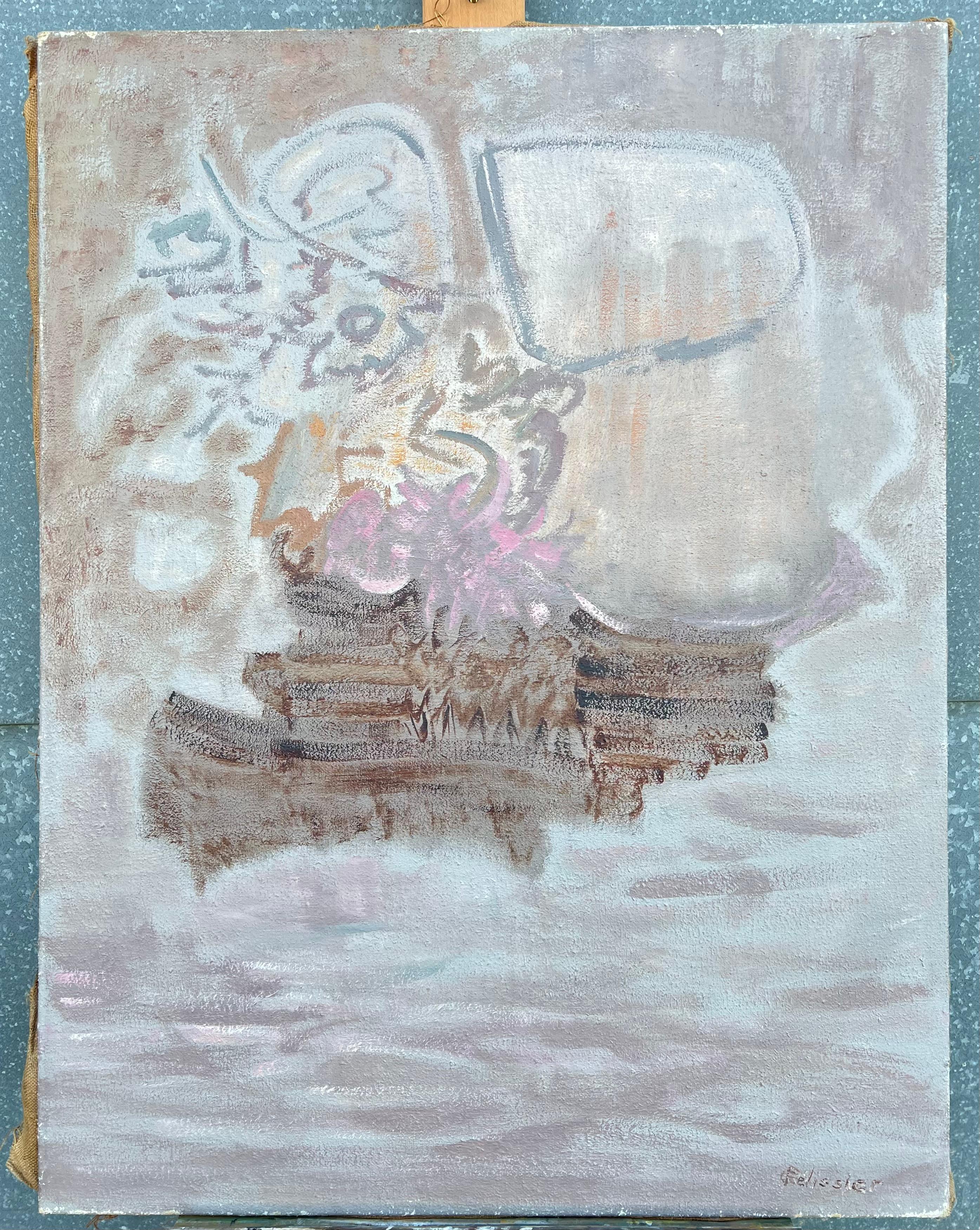 Pittura astratta francese del XX secolo Paesaggio marino con sussurri grigi di tonalità tenui - Painting di Gilbert Pelissier