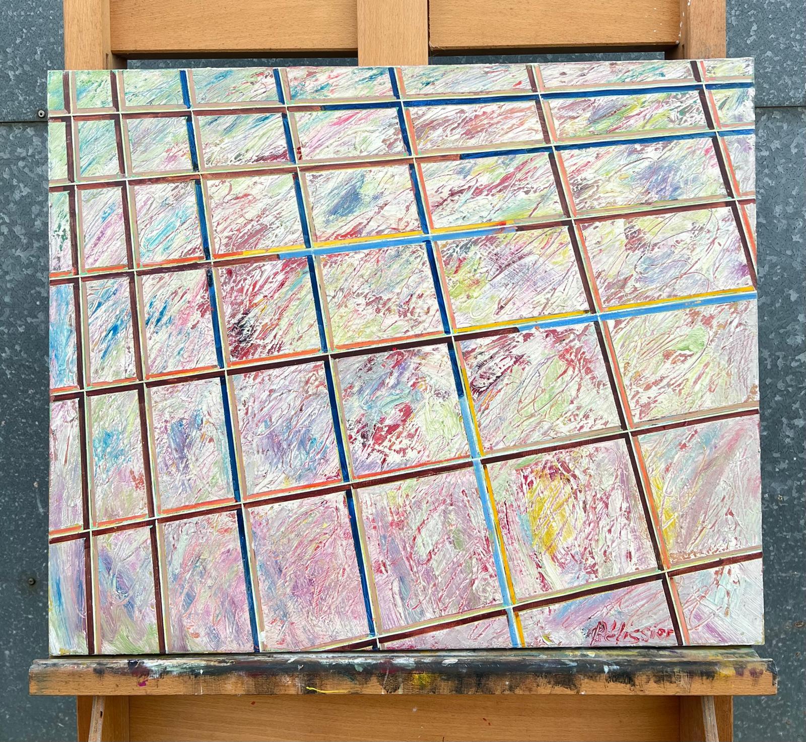 French 20th Century Abstract Textured Pastel Grids Intersecting Lines Oil - Painting by Gilbert Pelissier