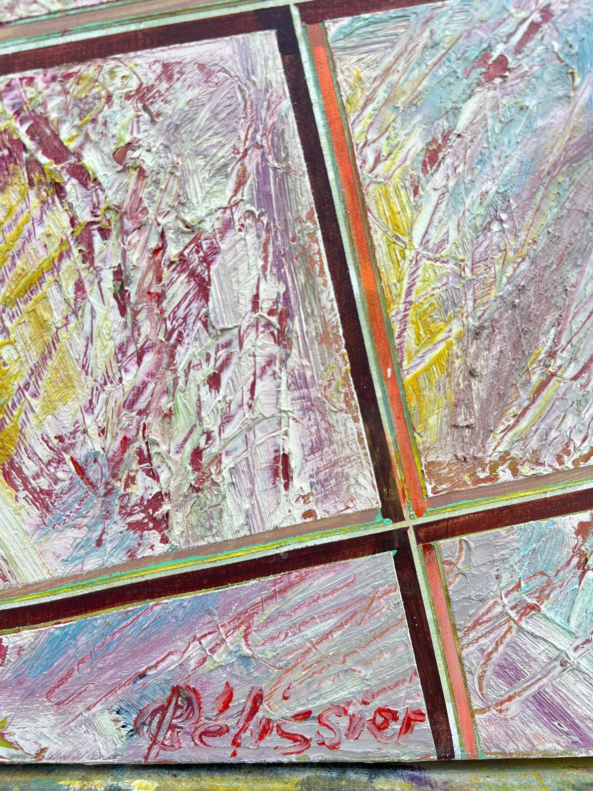 French 20th Century Abstract Textured Pastel Grids Intersecting Lines Oil - Beige Landscape Painting by Gilbert Pelissier