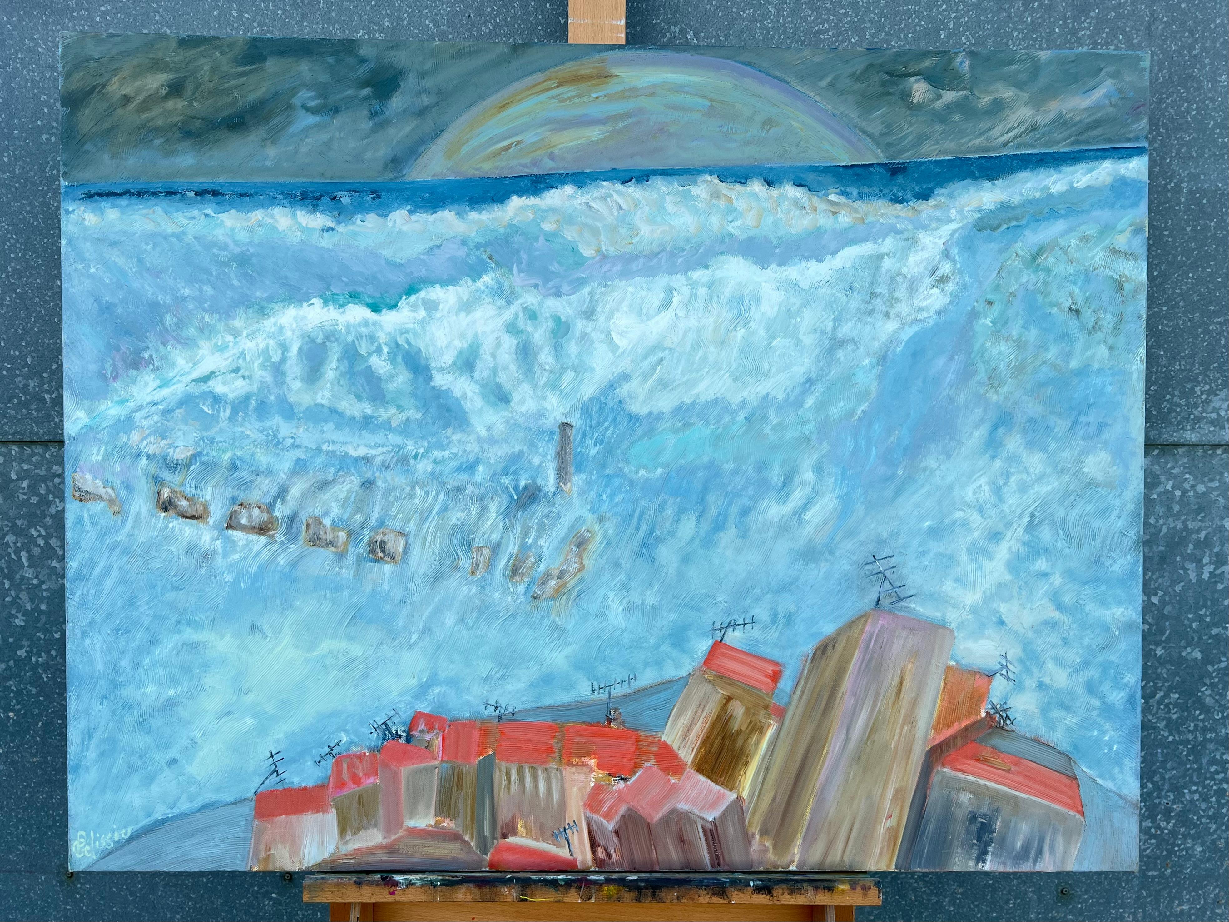 French 20th Century Blue Wave Over Orange Roof Town Coastal Landscape - Painting by Gilbert Pelissier