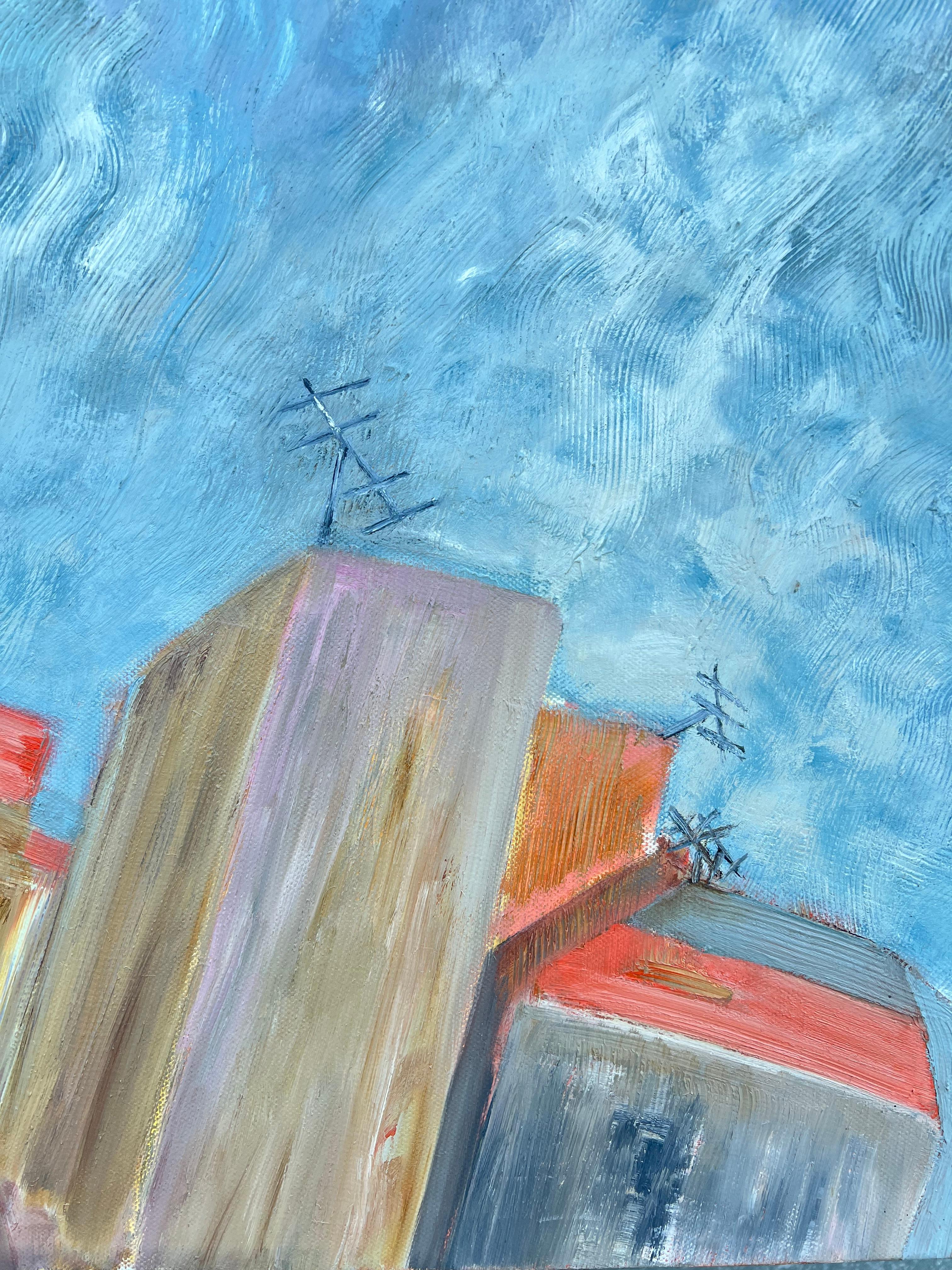 French 20th Century Blue Wave Over Orange Roof Town Coastal Landscape - Abstract Expressionist Painting by Gilbert Pelissier