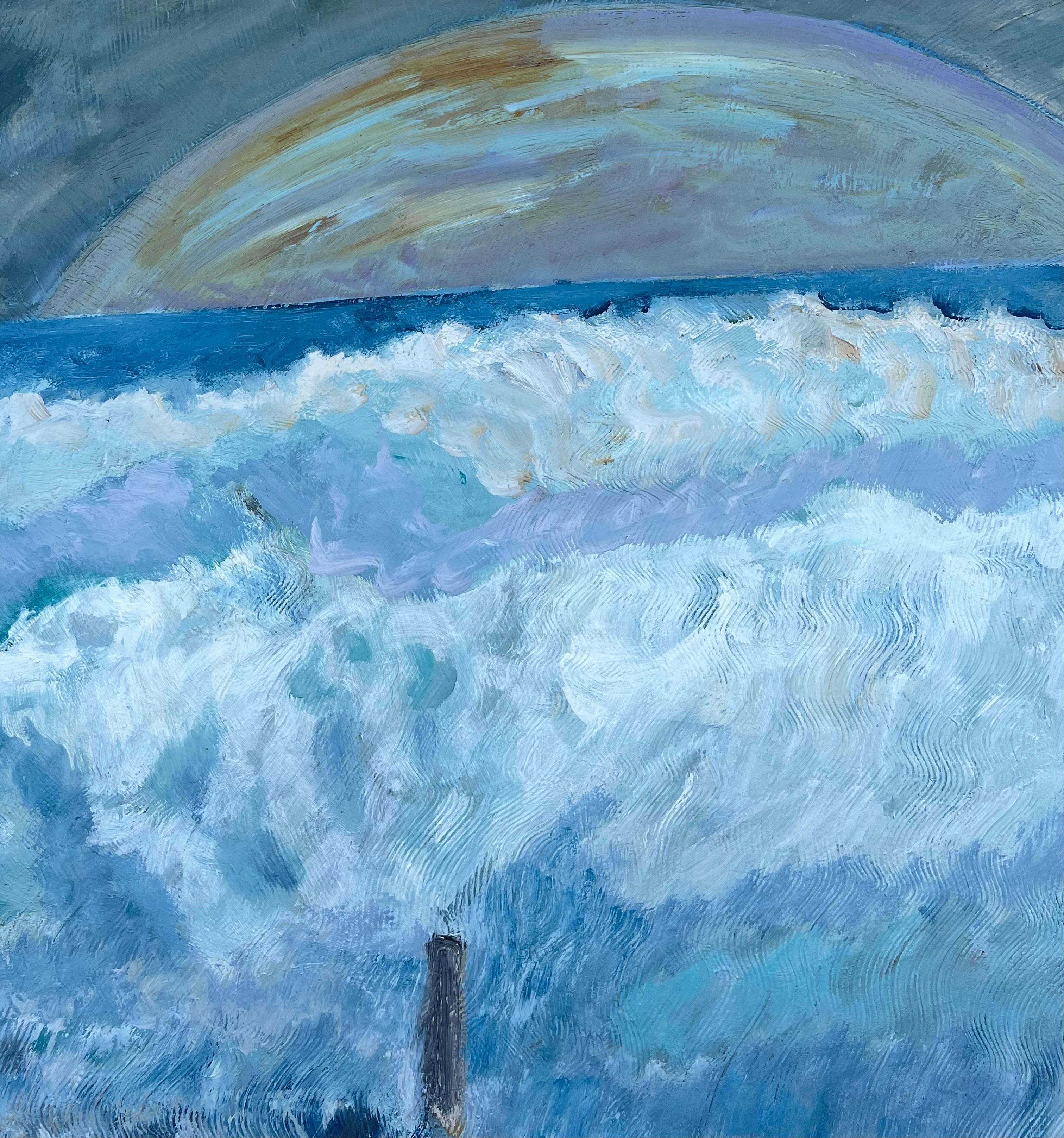 French 20th Century Blue Wave Over Orange Roof Town Coastal Landscape For Sale 4