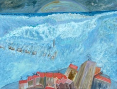 French 20th Century Blue Wave Over Orange Roof Town Coastal Landscape