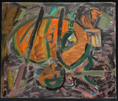 French 20th Century Bold Abstract Deep Earthy Colors of Orange Purple and Green