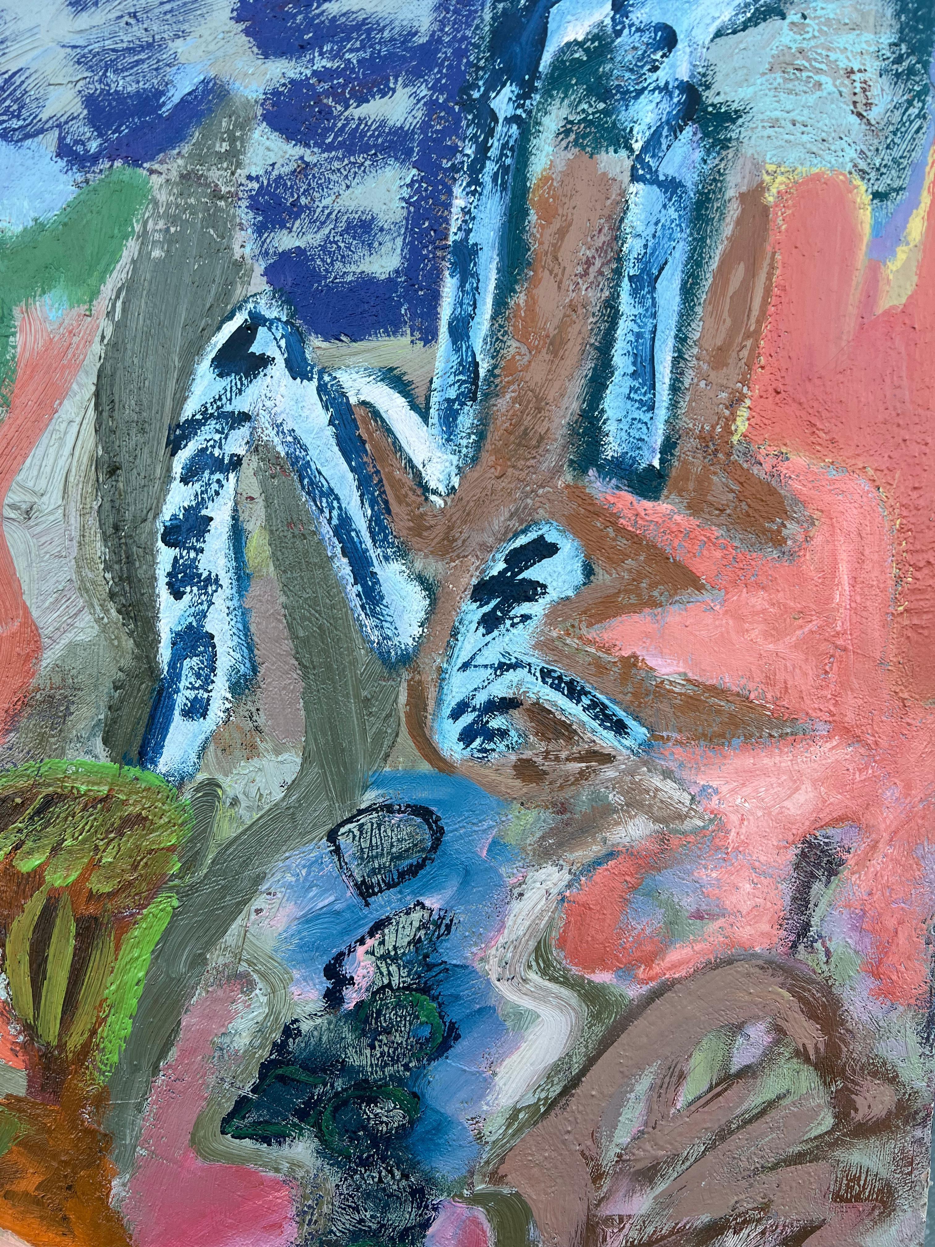 Astrattismi da giardino colorati del XX secolo, forme organiche vibranti, olio di grandi dimensioni - Abstract Painting Grigio di Gilbert Pelissier