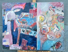 Pittura francese del XX secolo con doppia luce, scena di cucina astratta di grandi dimensioni