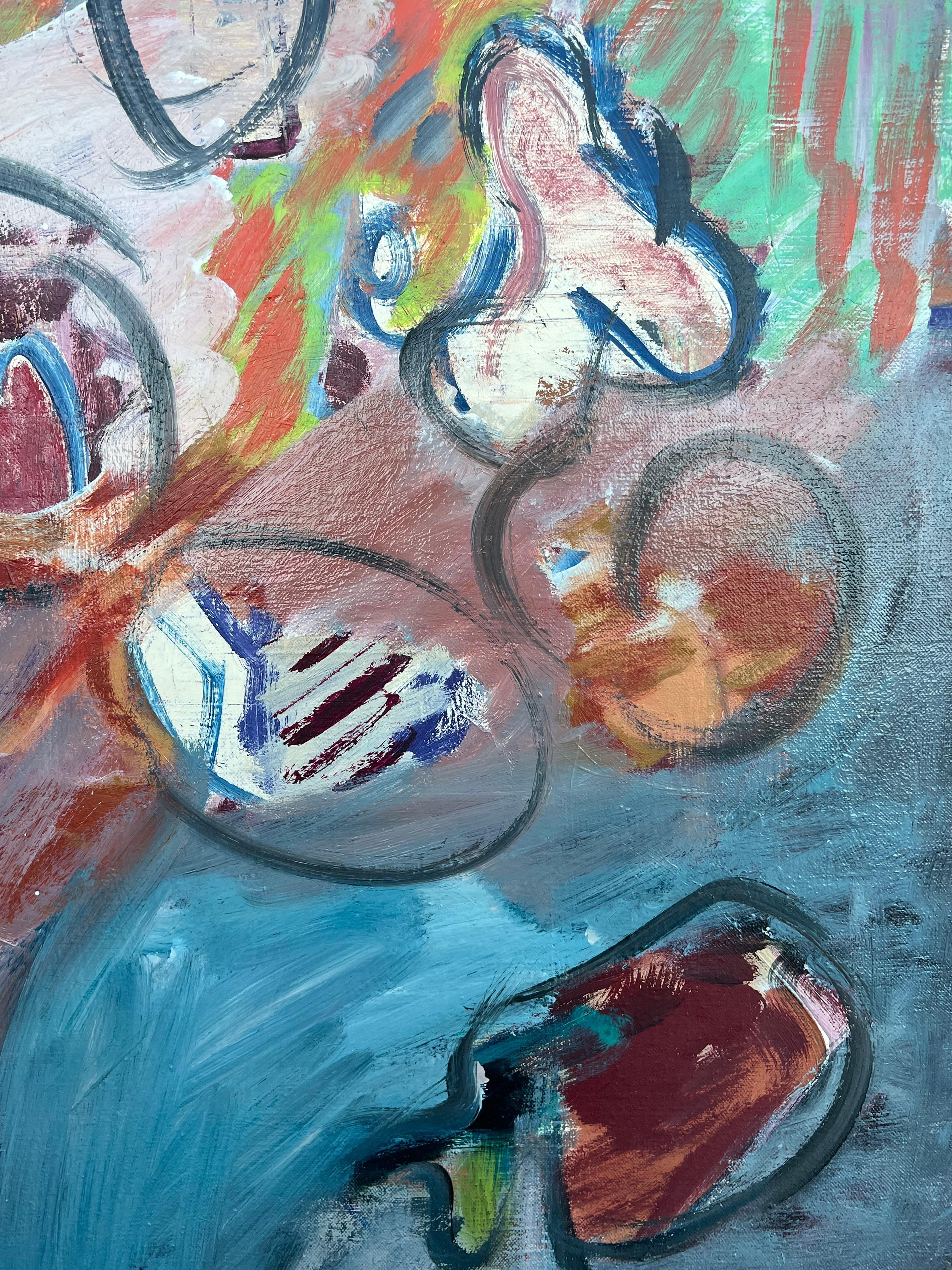 French 20th Century Dual Bright Abstract Kitchen Scene Large Painting For Sale 5