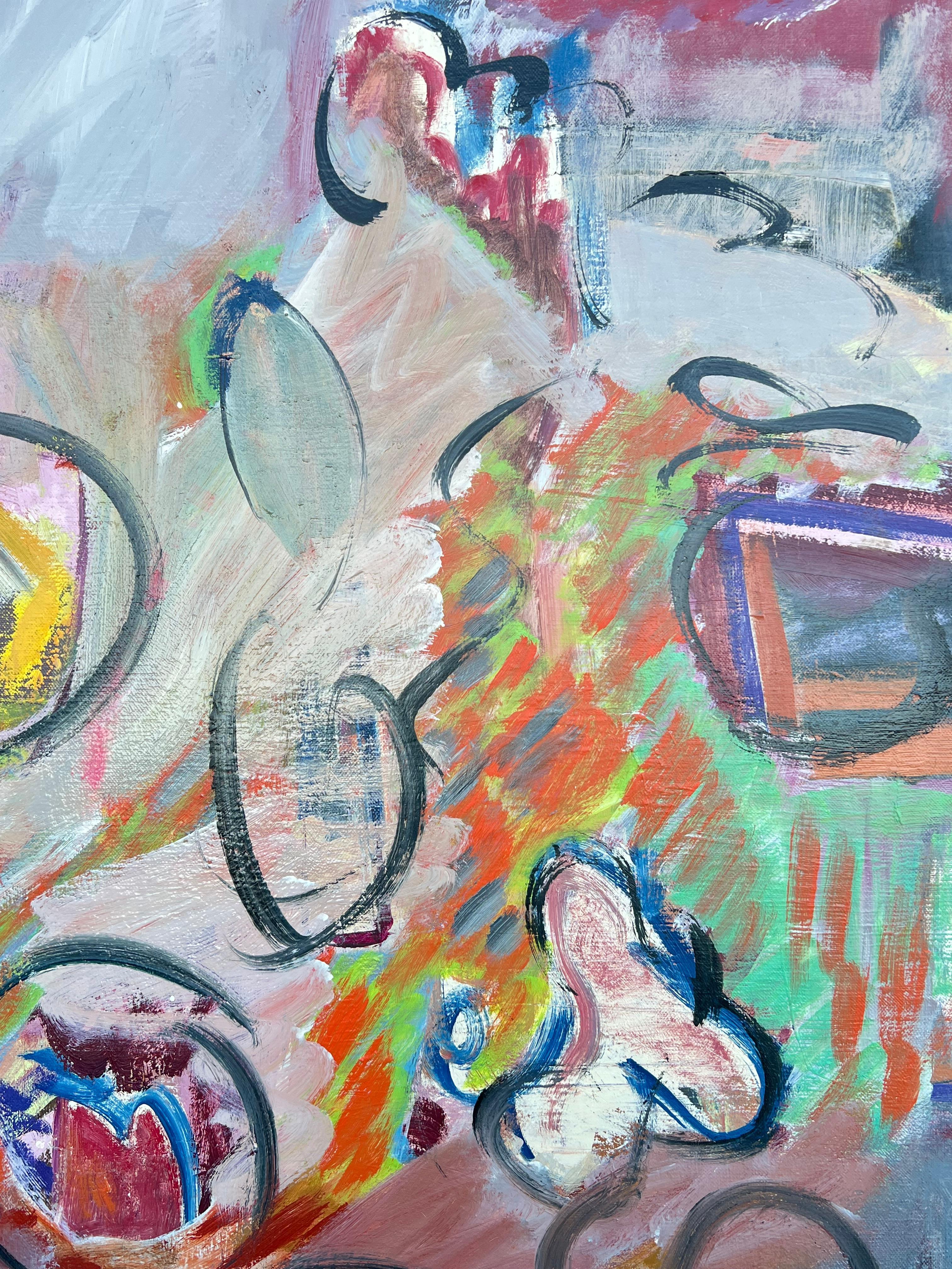 French 20th Century Dual Bright Abstract Kitchen Scene Large Painting For Sale 6